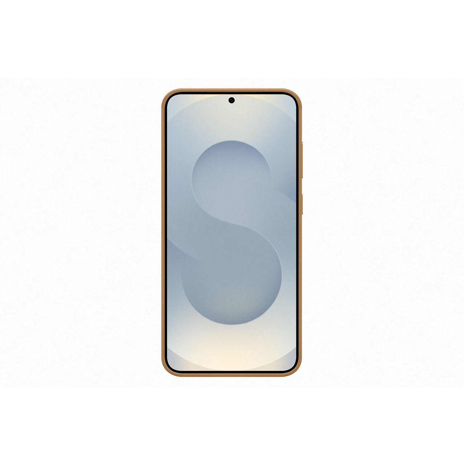 Smartphone con pantalla curva y cámara frontal centrada, marco dorado.