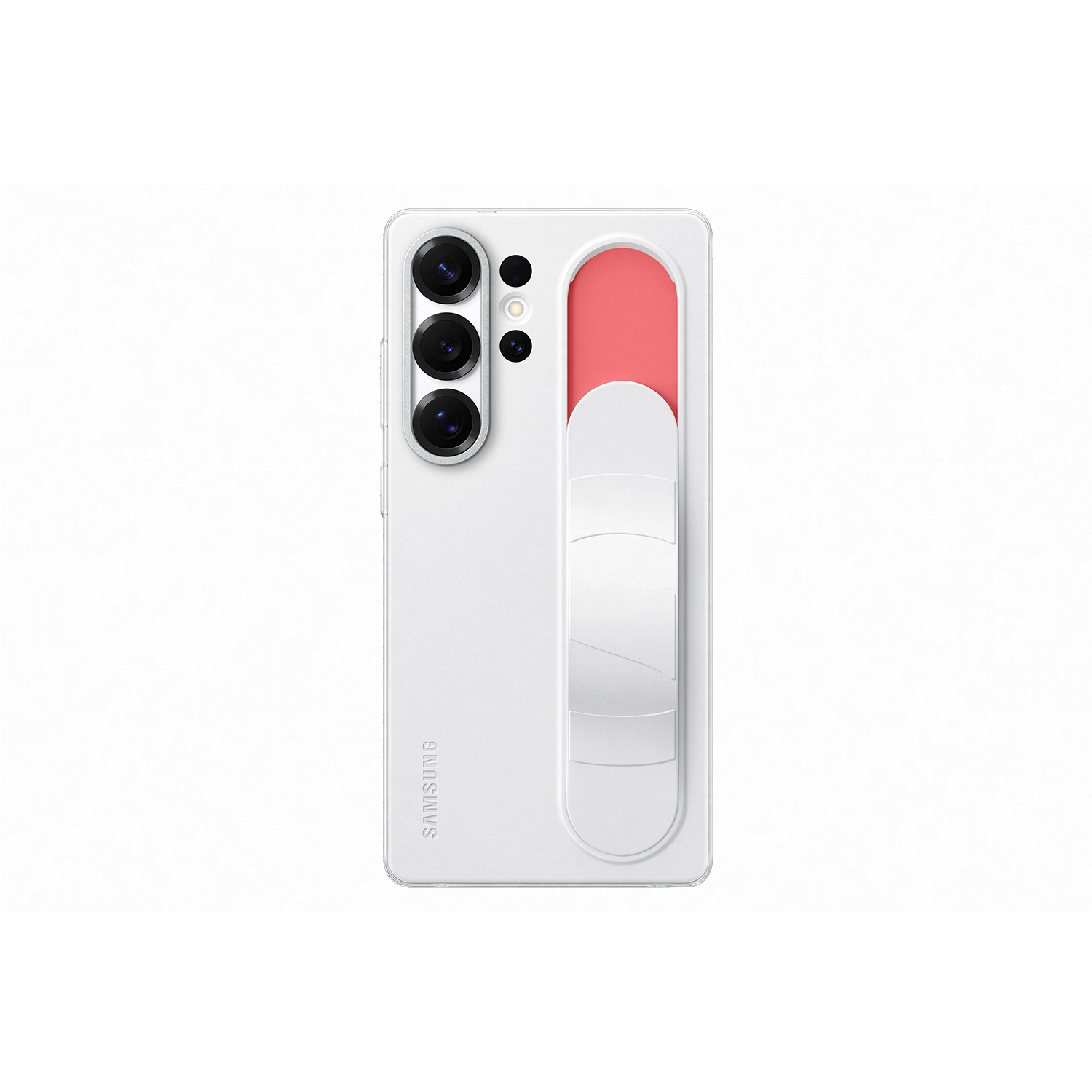 Parte trasera de teléfono blanco con tres cámaras, agarre rosa y blanco. Logotipo Samsung. Fondo blanco.