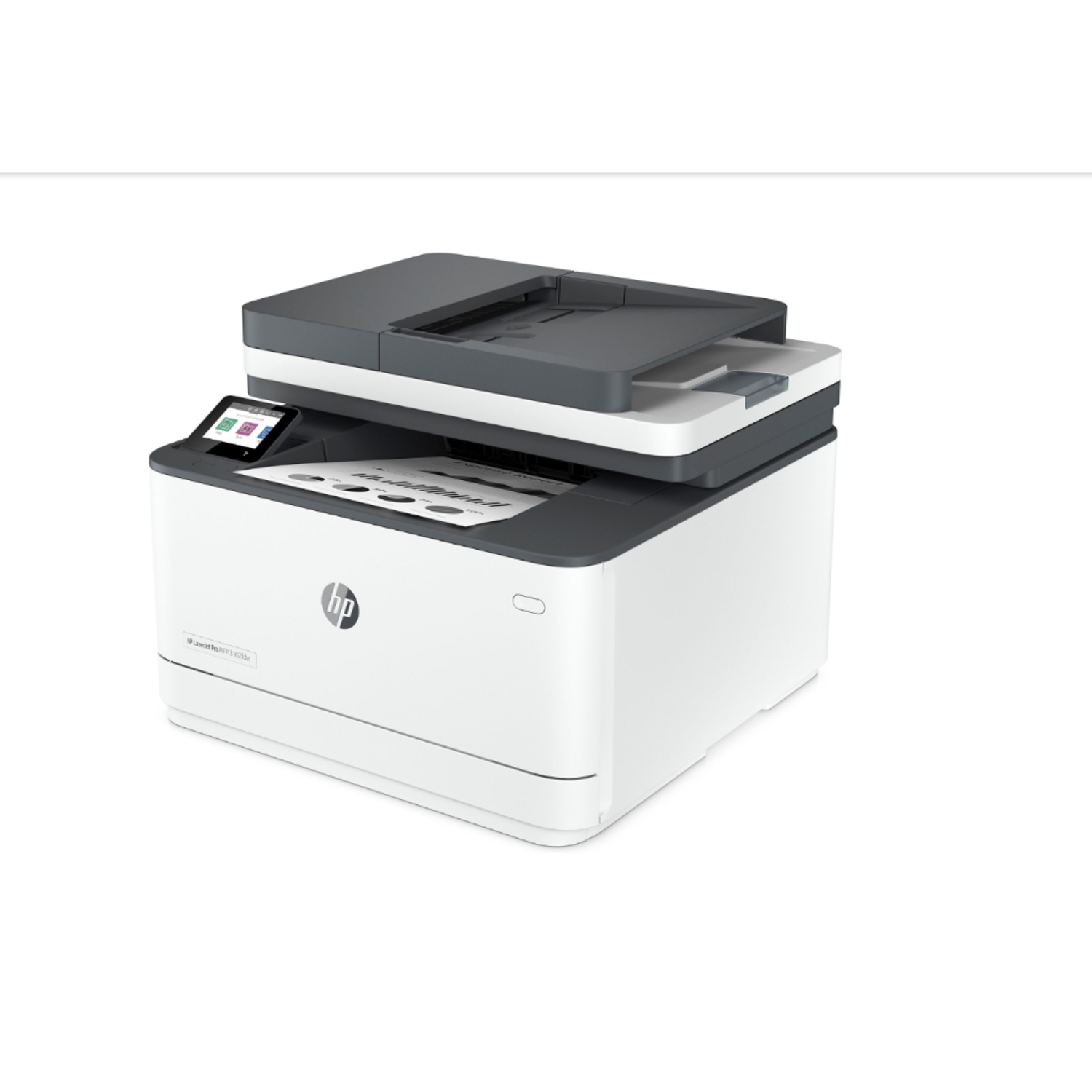 A white HP printer with a black top, angled slightly, on a white background.