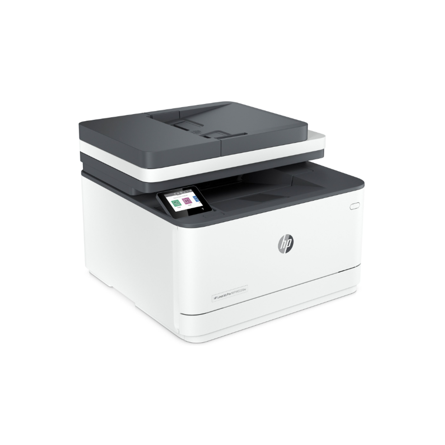 White and gray HP printer with a screen, angled slightly. It is on a white background.