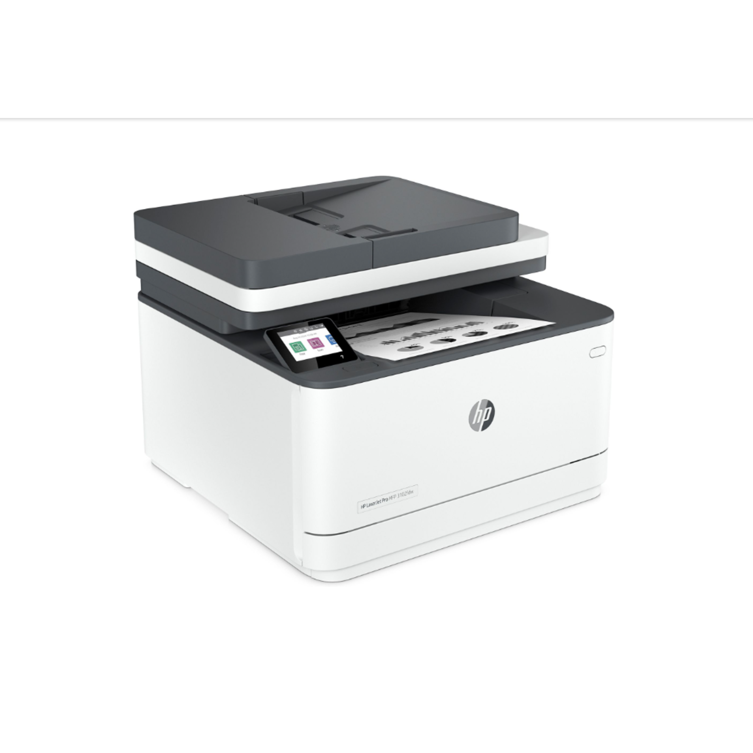 A white and gray printer with a screen and a document inside, on a white background.