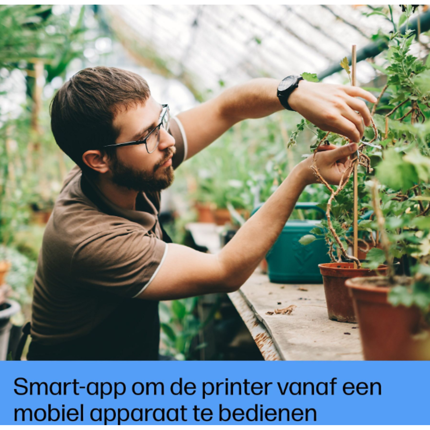Man in brown shirt tending plants in a greenhouse. Text: Smart app to control printer.