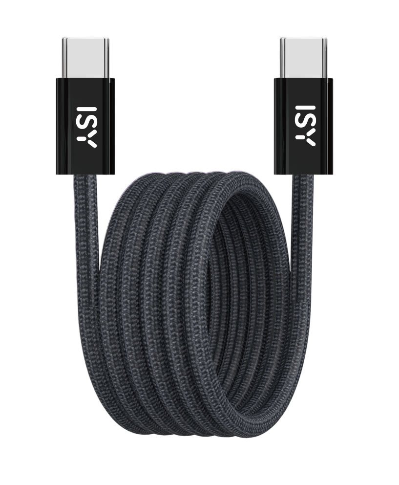 Schwarzes USB-C-Kabel, aufgerollt, mit 'ISY'-Logos an beiden Enden. Schwarz.