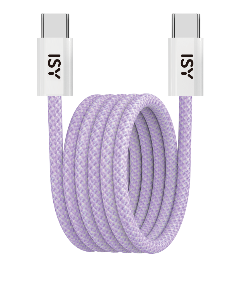 Lila USB-C-Kabel gerollt. Weiße Stecker mit ISY-Logo.