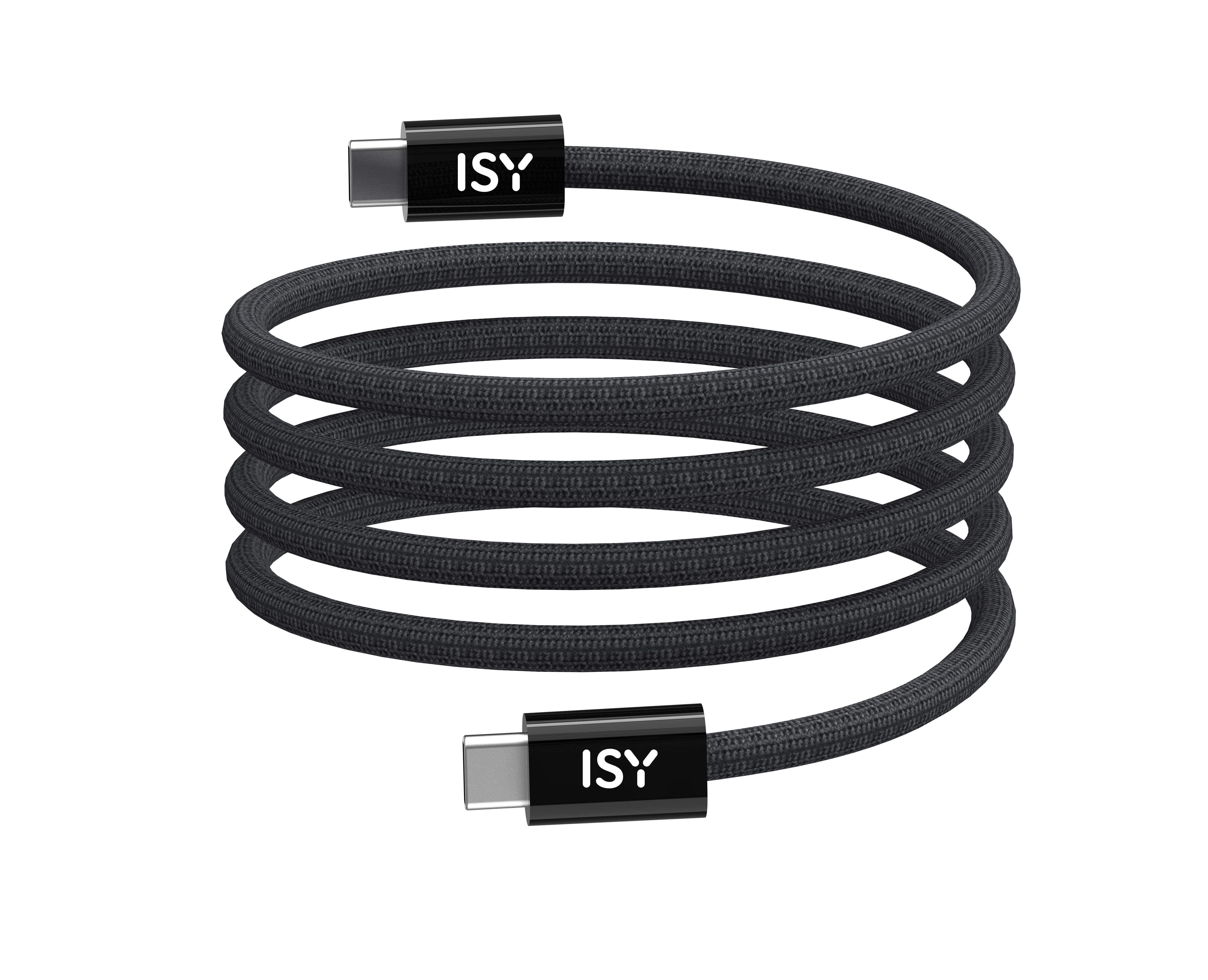 Schwarzes USB-C-Kabel auf weißem Hintergrund, mit "ISY" an beiden Enden.
