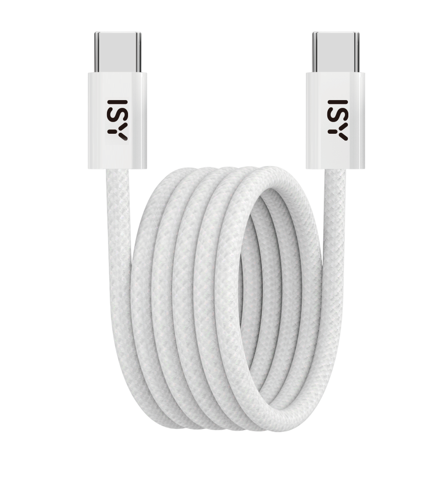 Weißes USB-C-Kabel aufgerollt, mit ISY-Logo an beiden Enden.