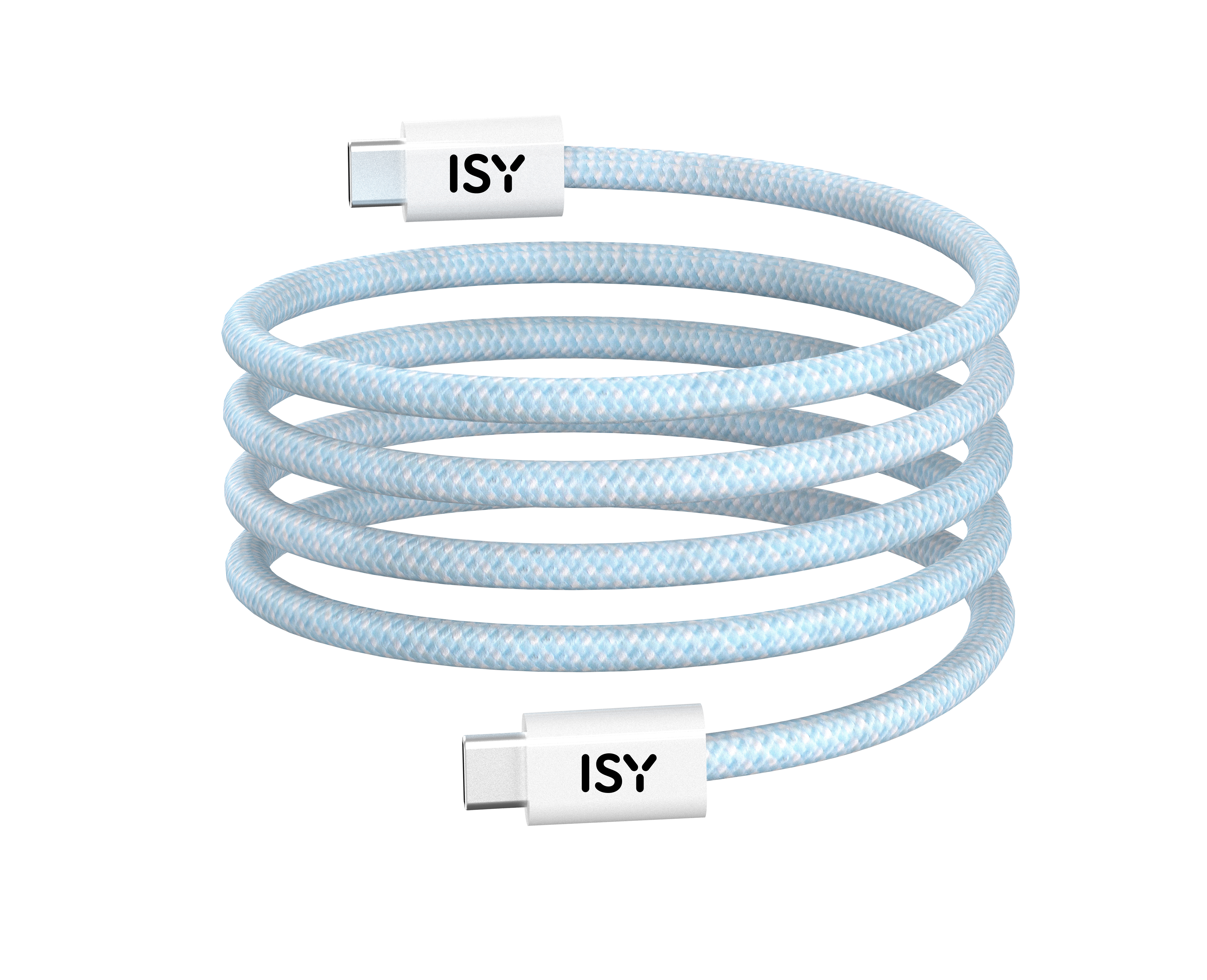 Ein blau-weißes, aufgerolltes USB-C-Kabel. Die Enden haben weiße Stecker mit 'ISY'-Aufdruck.