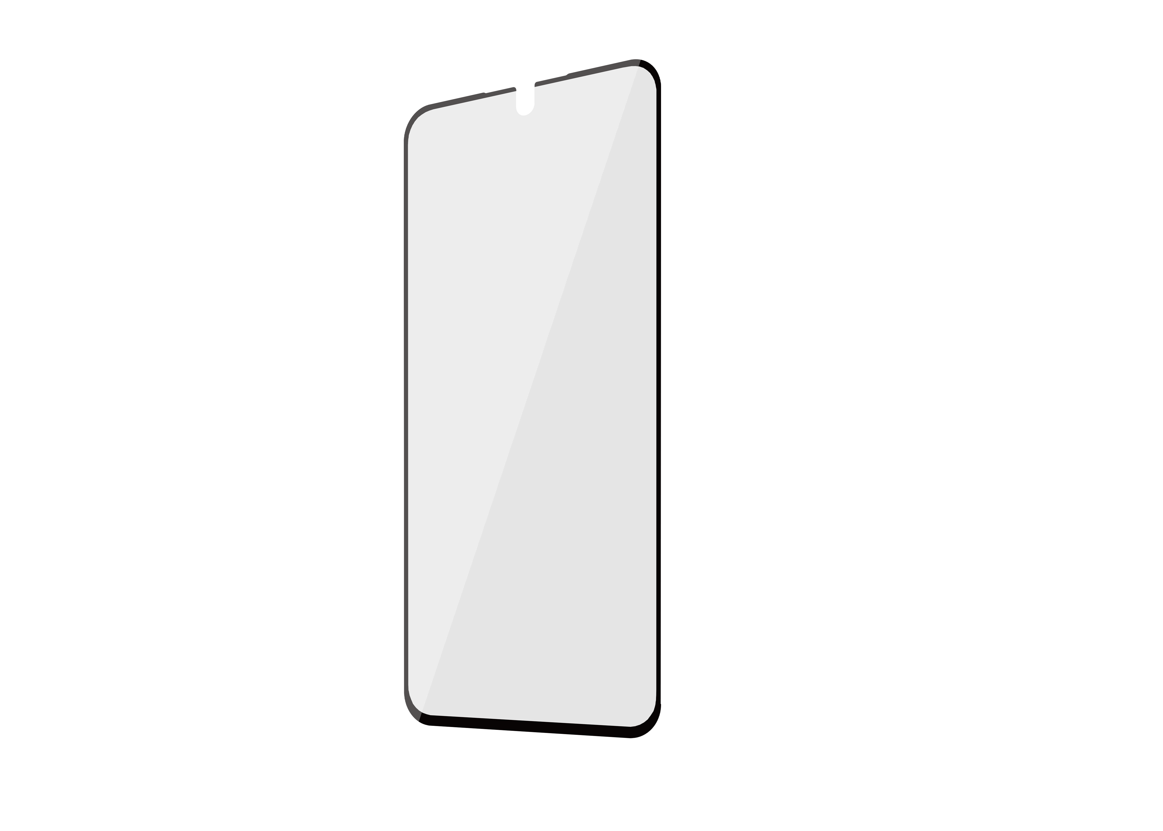 Ein Smartphone-Displayschutz auf schwarzem Hintergrund. Der Schutz ist abgewinkelt.
