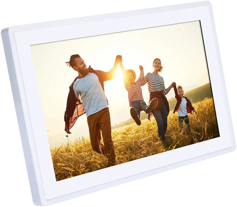Un cadre photo numérique blanc affichant une famille en train de sauter.