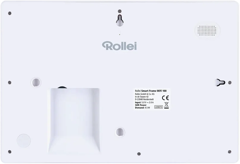 Dos d'un Rollei Smart Frame WiFi 100 blanc, avec détails et marquage CE.