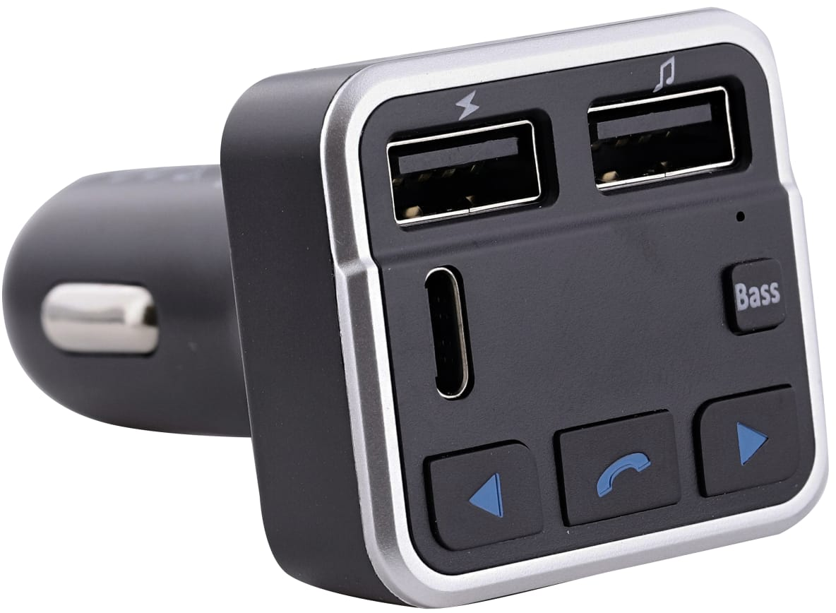 Chargeur de voiture noir et argenté avec ports USB et USB-C. Boutons visibles.