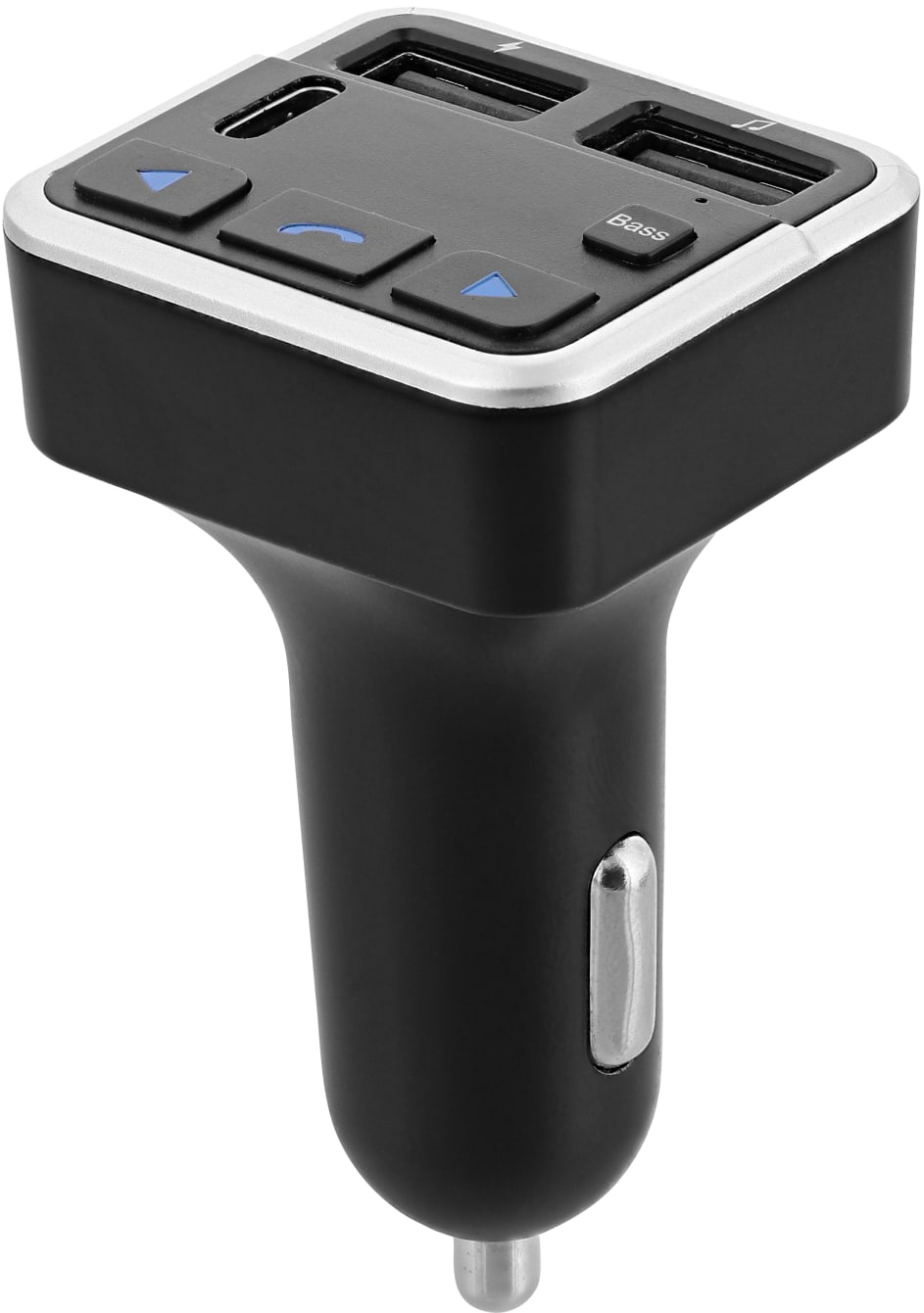 Un chargeur de voiture noir avec ports USB et boutons, garniture argentée. L'image est sur fond blanc.