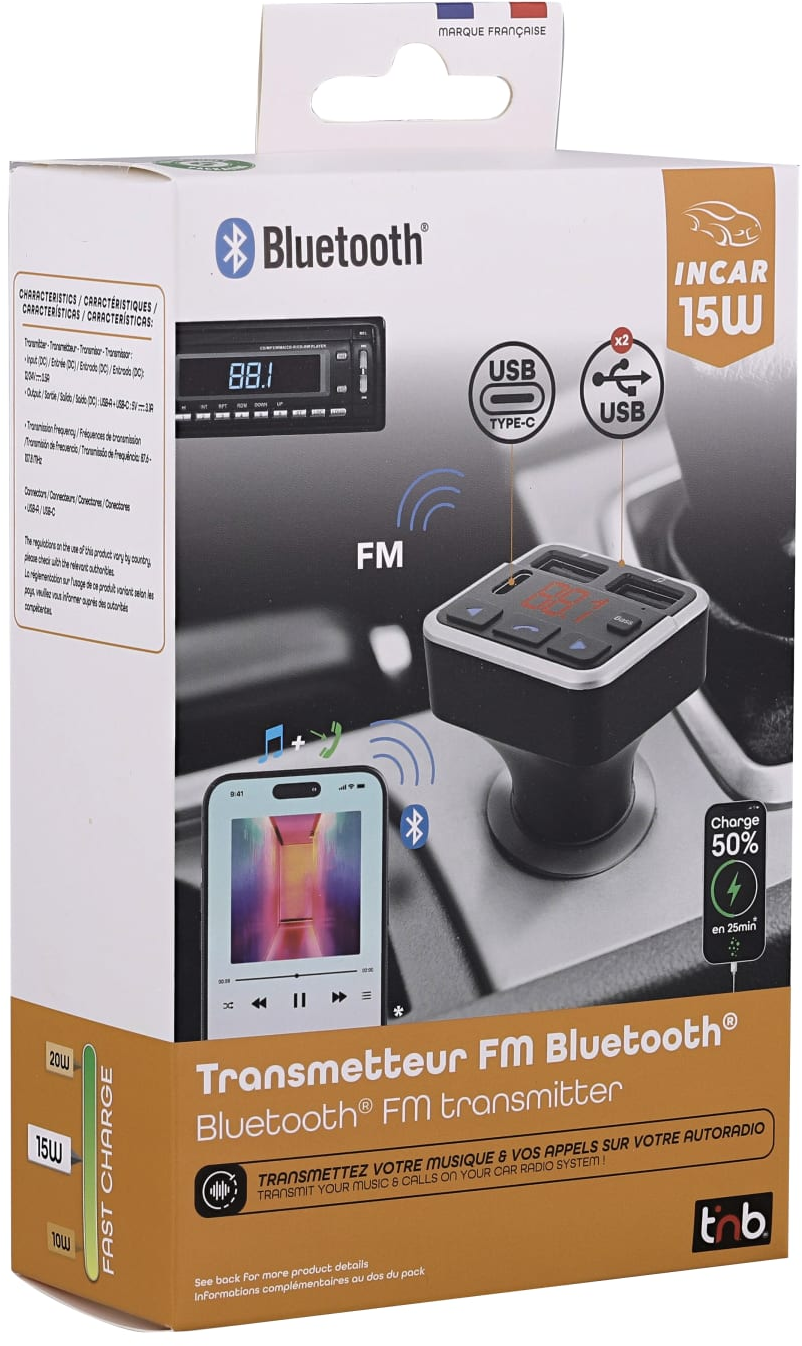 Émetteur FM Bluetooth en boîte, images de téléphone et d'intérieur de voiture.