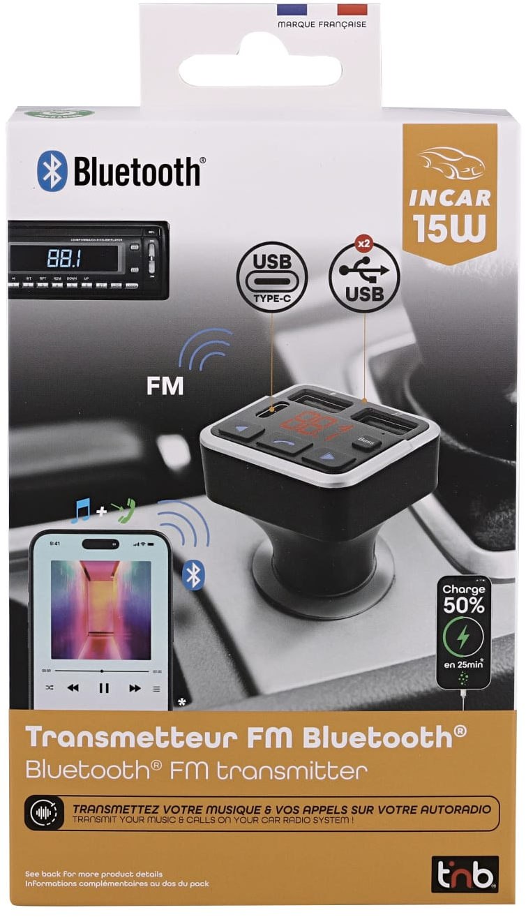 Une boîte d'un émetteur FM Bluetooth pour voiture, avec ports USB et Type-C, et un écran de téléphone.
