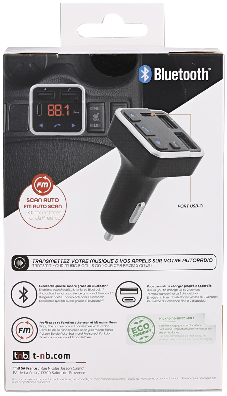 Un accessoire de voiture avec fonctionnalité Bluetooth, avec un port USB et un écran.