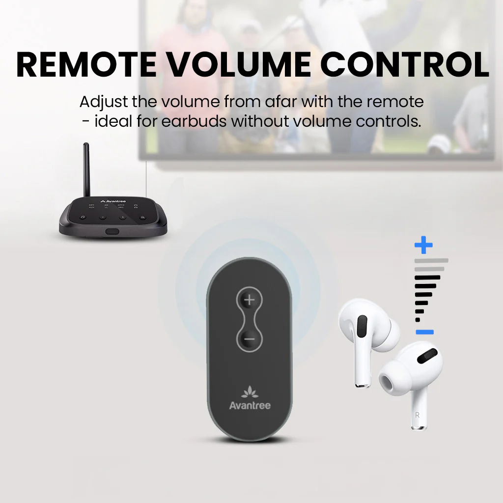 Télécommande de volume avec écouteurs et TV en arrière-plan. Le texte montre les commandes de volume.