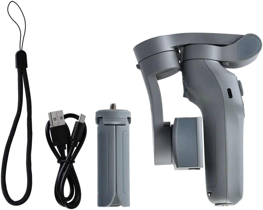 Ein Hand-Gimbal mit Zubehör, einschließlich Stativ und Kabel.