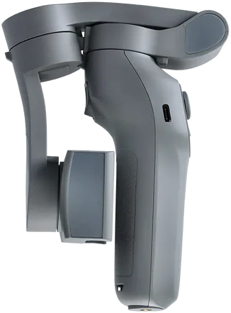 Ein grauer Hand-Gimbal-Stabilisator, Seitenansicht. Es ist auf schwarzem Hintergrund.
