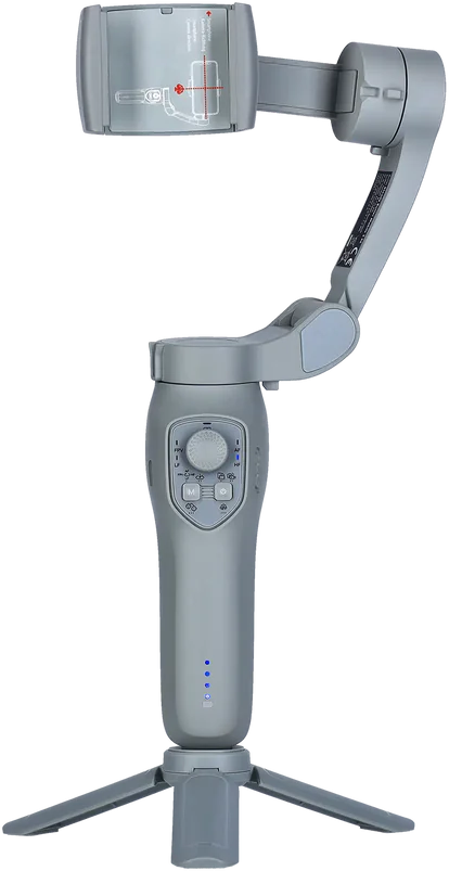 Ein grauer Telefonstabilisator mit Stativbasis, nach oben geneigt.