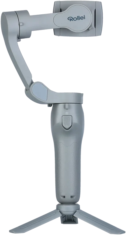 Grauer Handstabilisator mit Stativfuß, schwarzer Hintergrund.