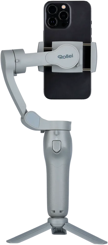 Grauer Telefonstabilisator, Telefon angebracht, mit schwarzem Hintergrund.