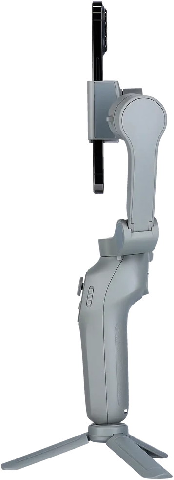 Grauer Telefonstabilisator mit befestigtem Telefon. Schwarzer Hintergrund.