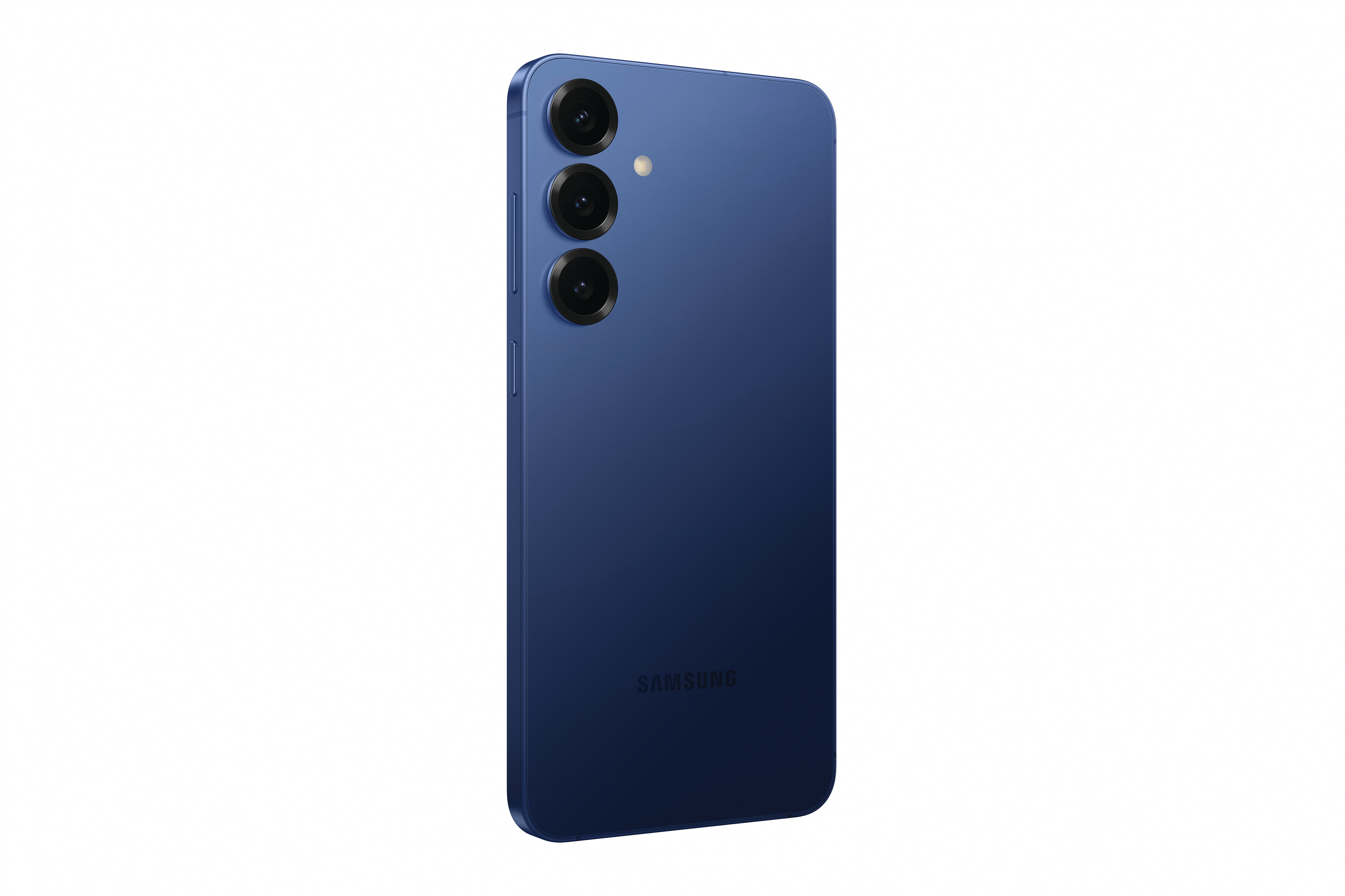 Ein blaues Smartphone von hinten gesehen, mit drei Kameralinsen und dem Samsung-Logo.