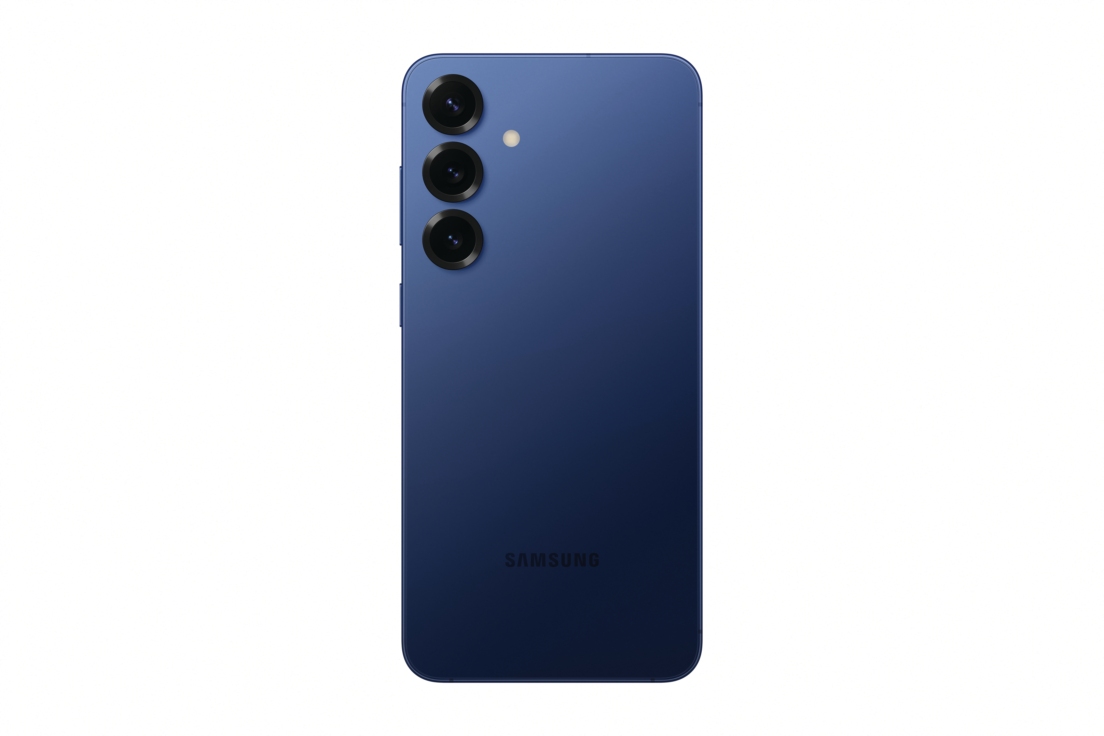 Blaue Telefonrückseite. Drei Kameralinsen vertikal ausgerichtet. Wort 'SAMSUNG' am Boden.