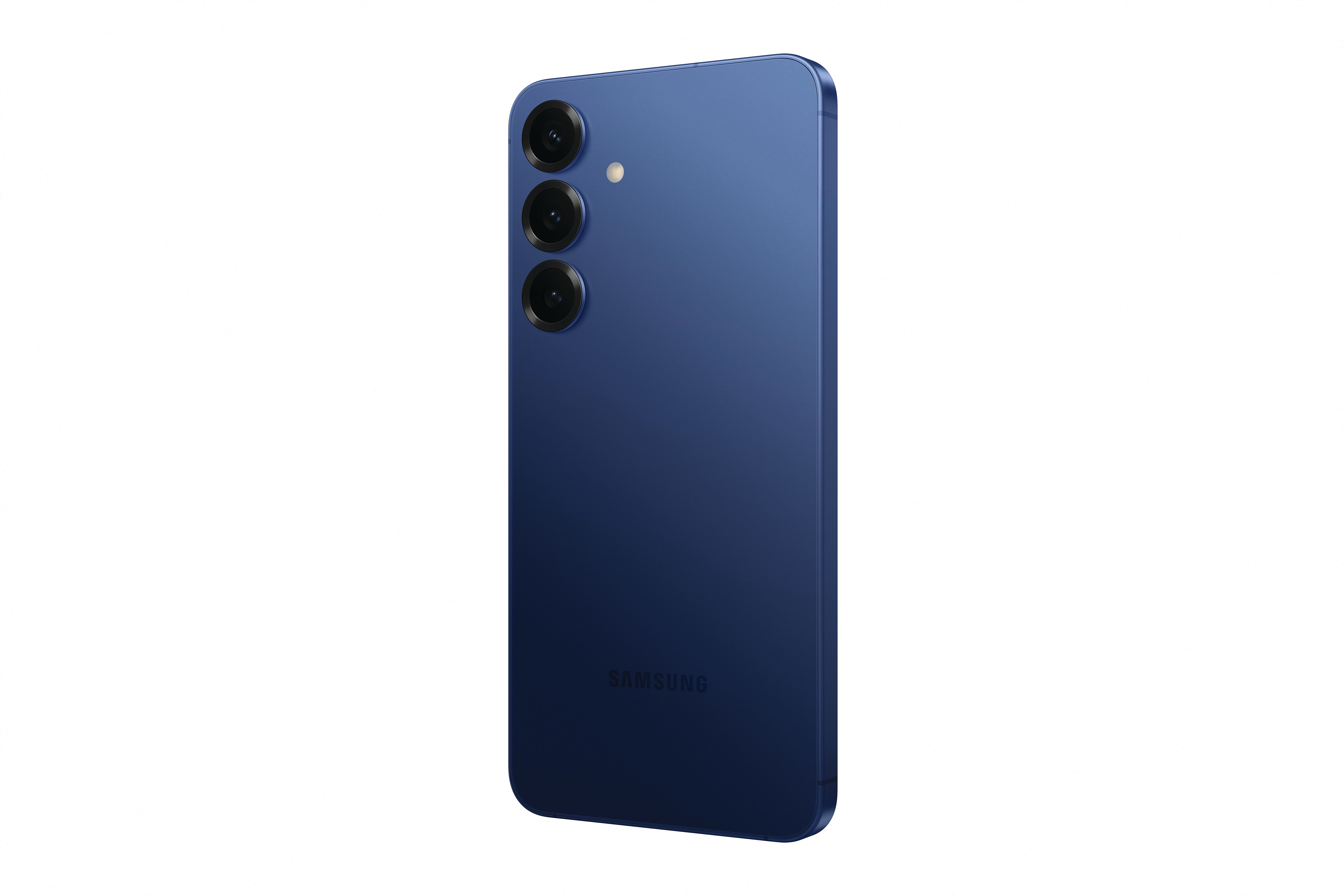 Rückseite eines blauen Smartphones mit mehreren Kameralinsen auf weißem Hintergrund.