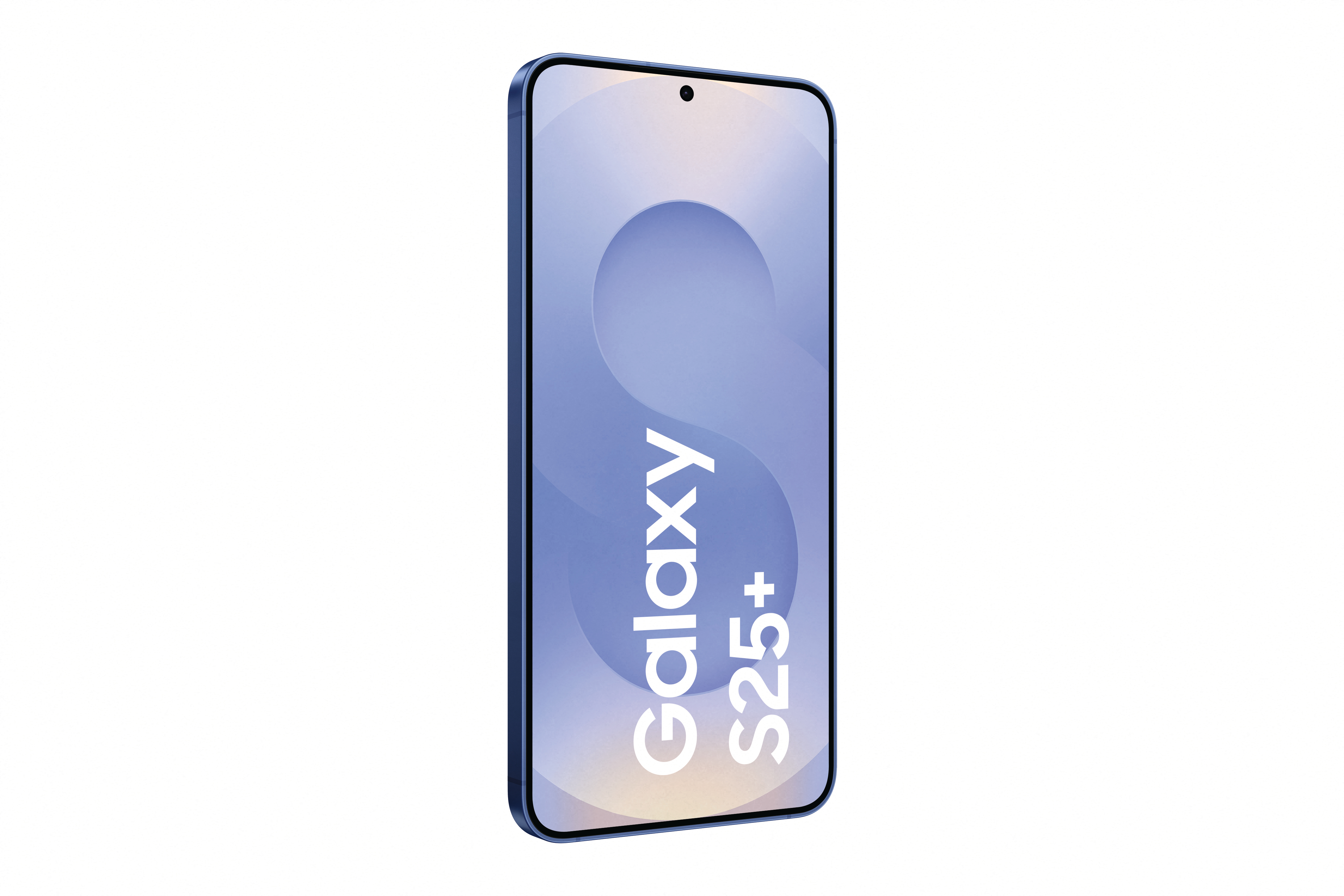 Ein blaues Samsung Galaxy S25+ Telefon auf weißem Hintergrund. Das Telefon zeigt „Galaxy S25+“ an.