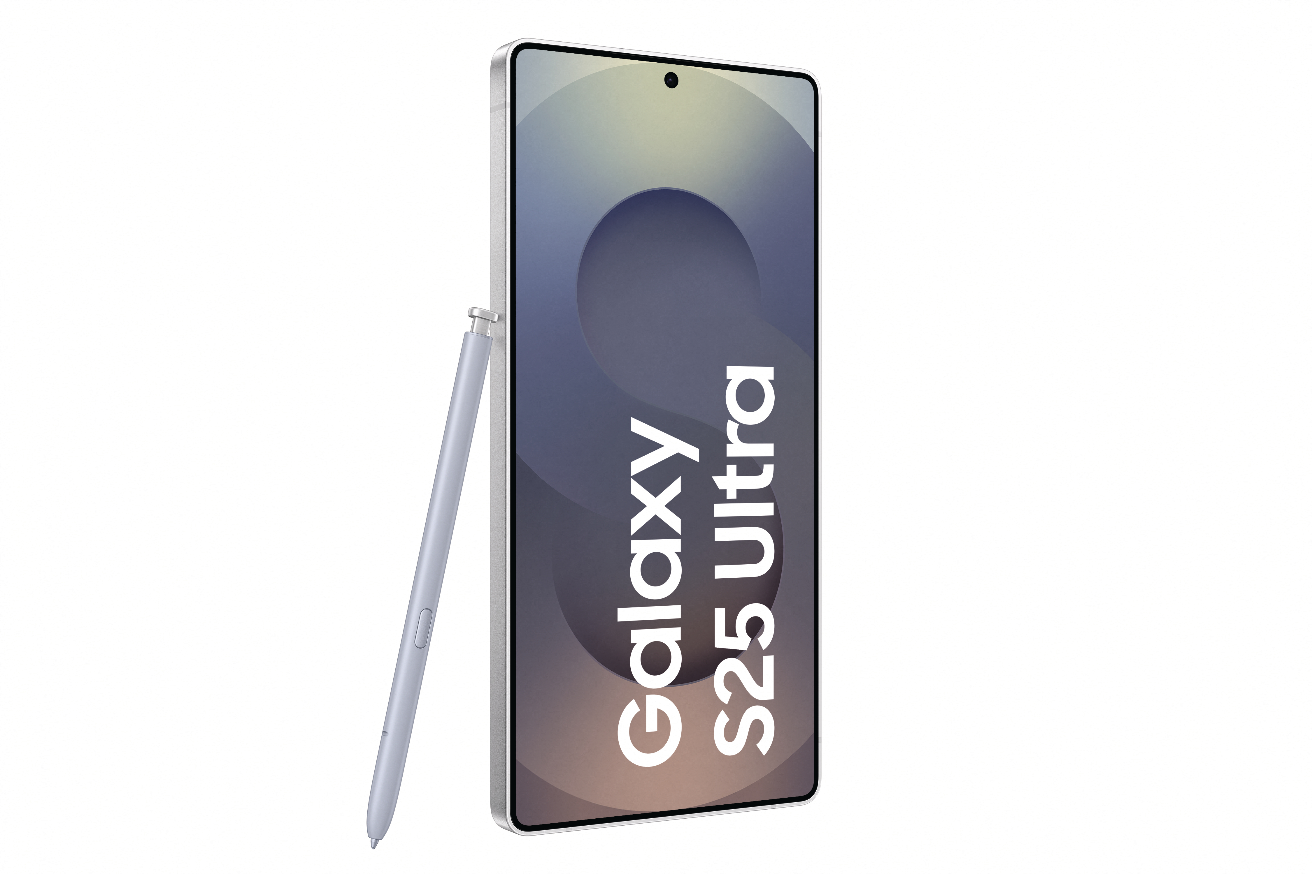 Ein silbernes Galaxy S25 Ultra Telefon mit Stift.
