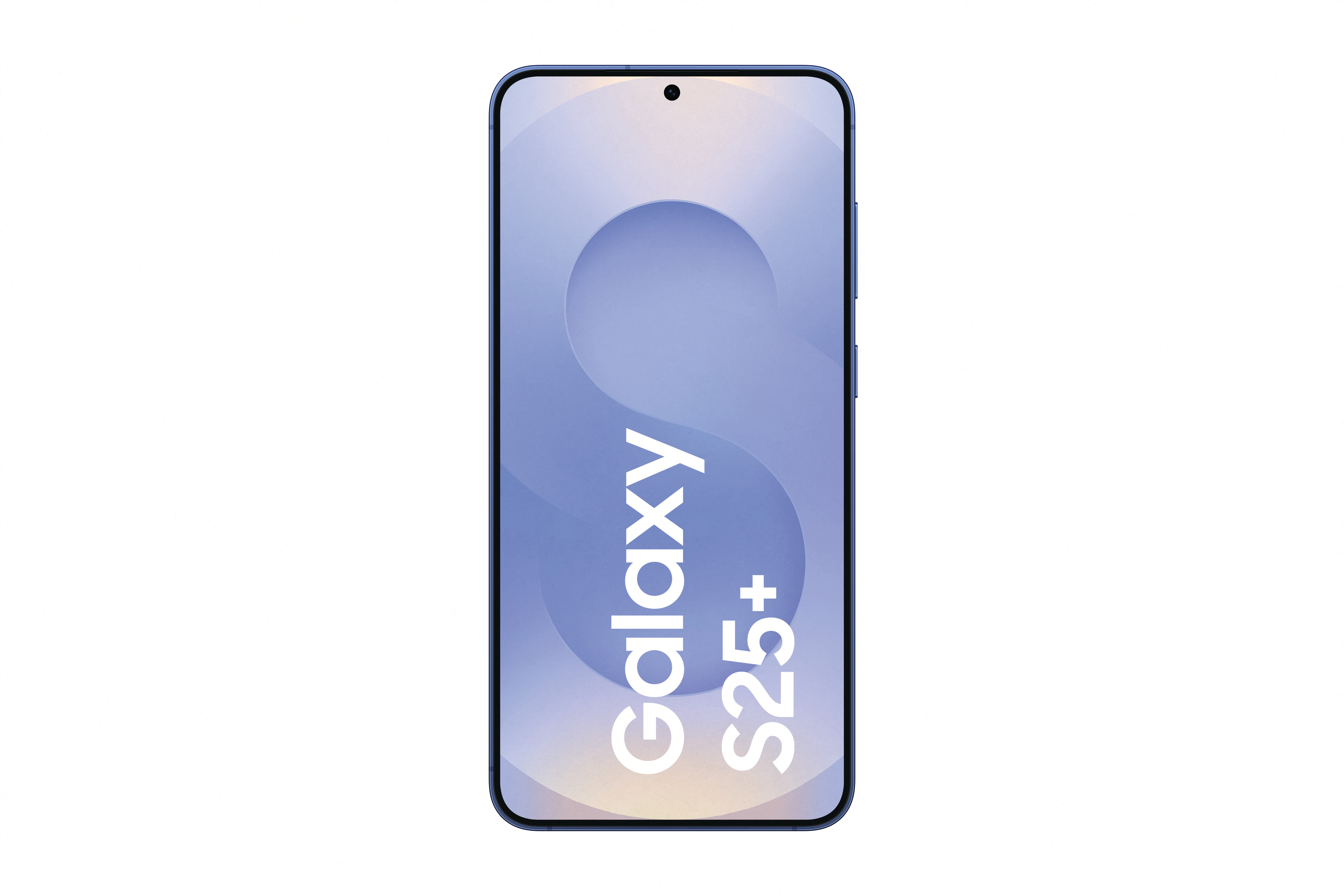 Blaues Smartphone mit Bildschirm, der 'Galaxy S25+' in Weiß vor blauem Hintergrund zeigt.