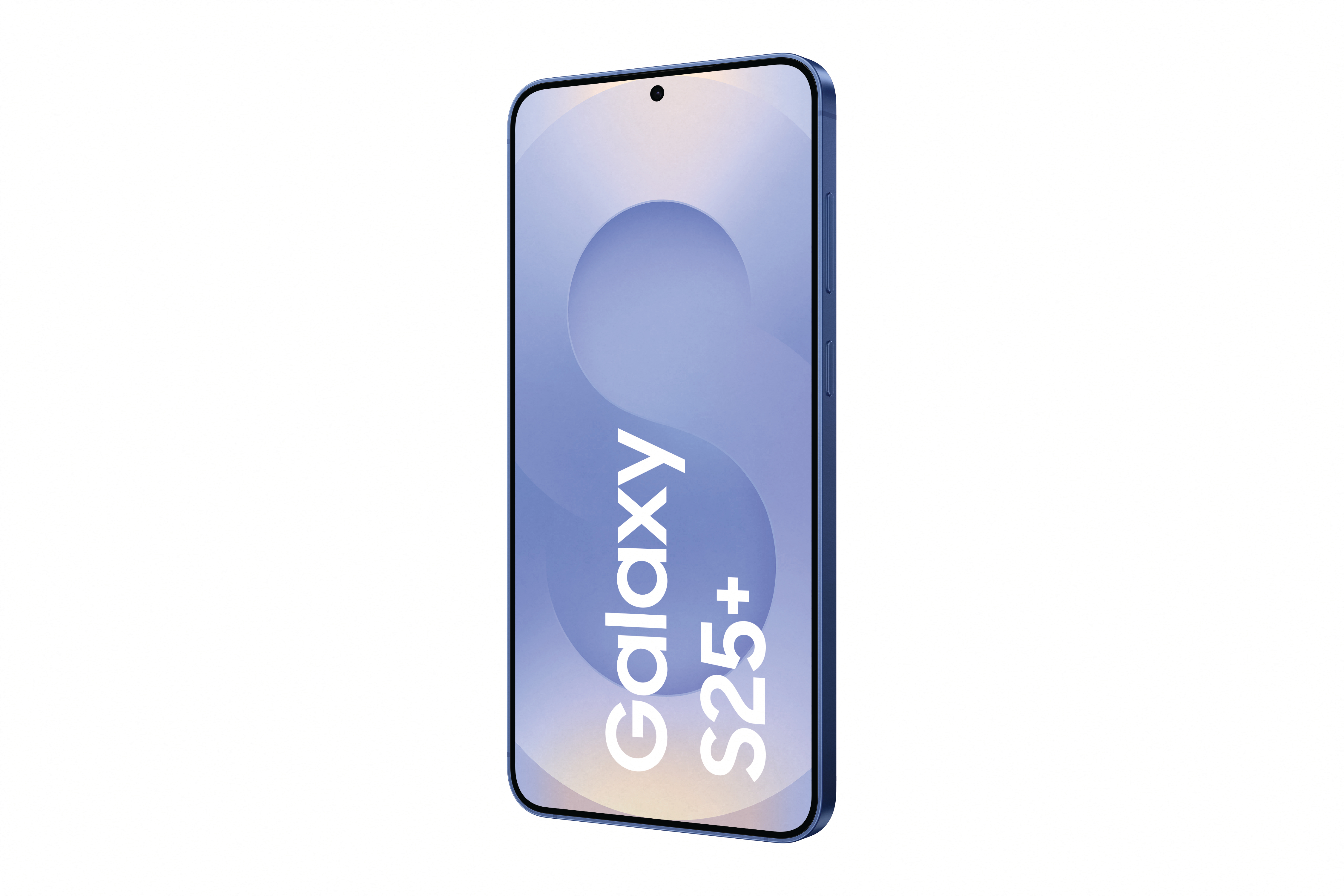 Blaues Smartphone mit 'Galaxy S25+' Text auf dem Bildschirm, vor weißem Hintergrund.