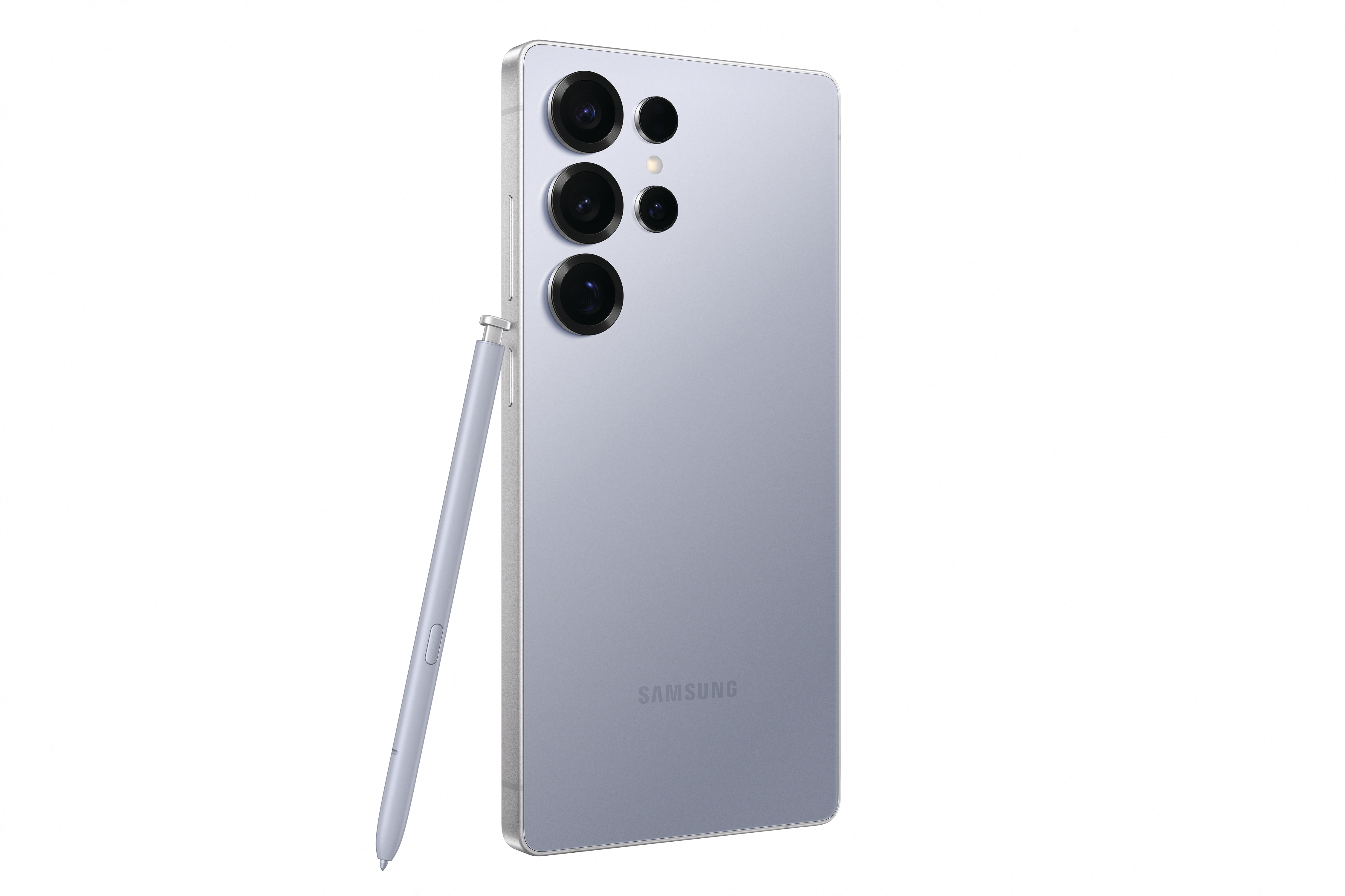 Ein helllila Samsung-Telefon mit drei Kameras und einem Stift, isoliert auf Weiß.