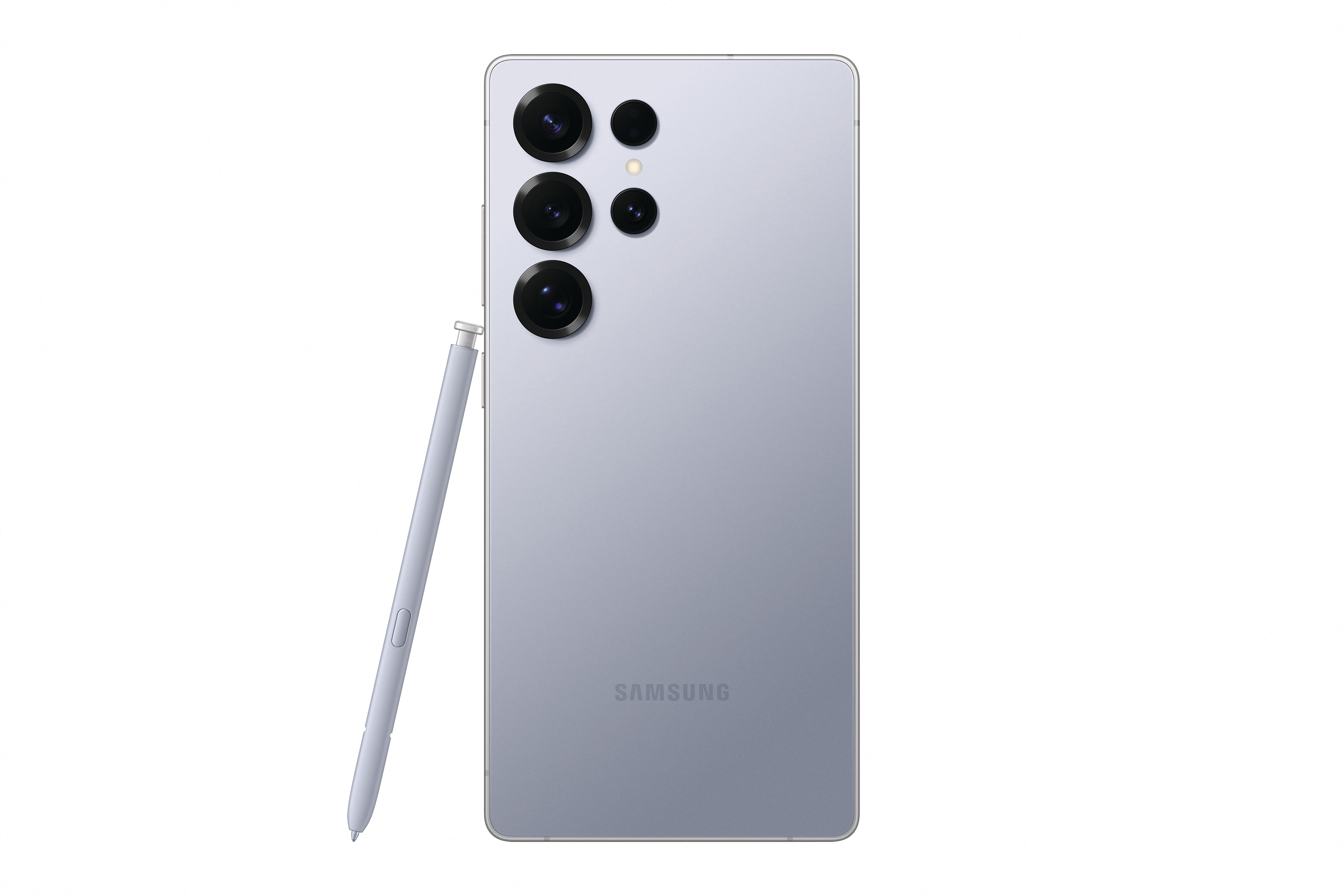 Hellblaues Telefon mit Stift und drei Kameralinsen.