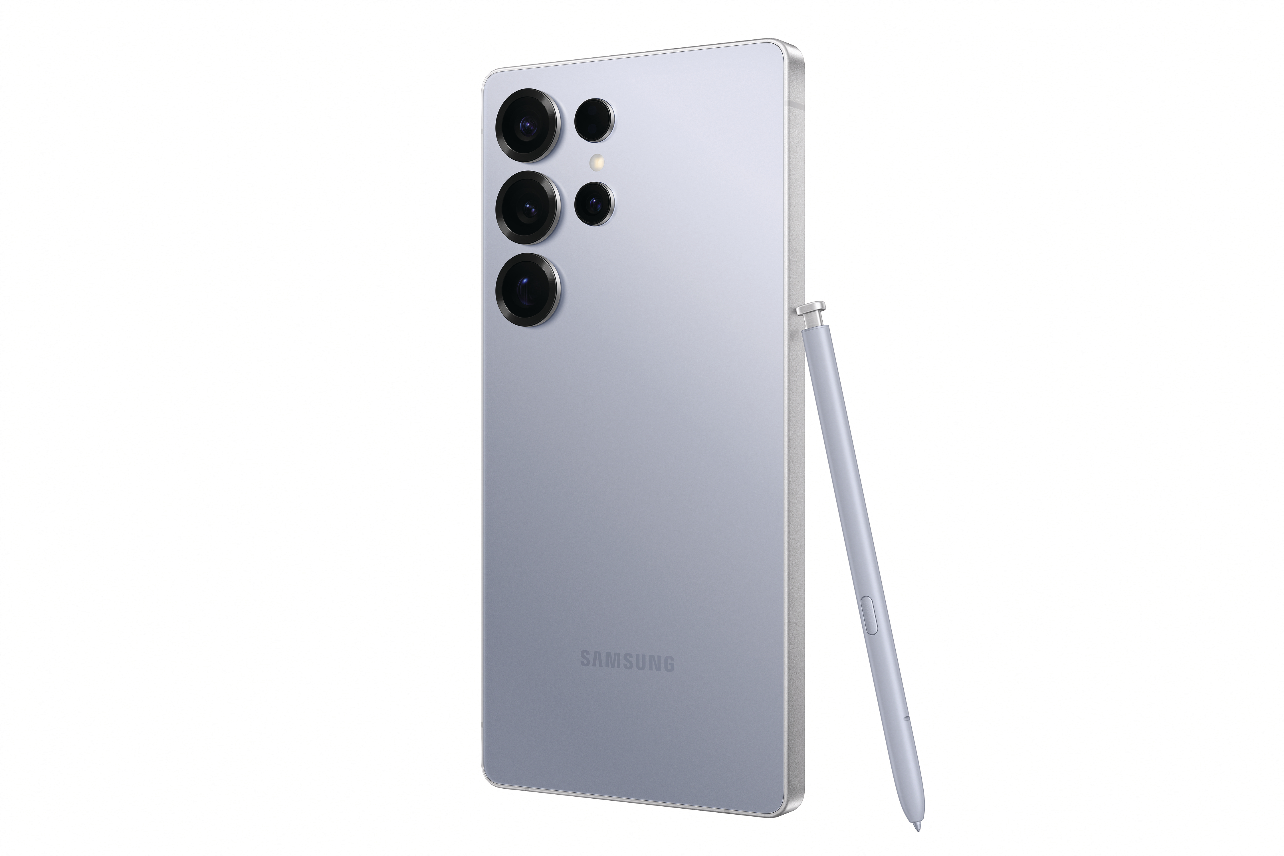 Ein helllila Samsung-Telefon mit drei Kameras und einem Stift. Das Telefon ist angewinkelt.