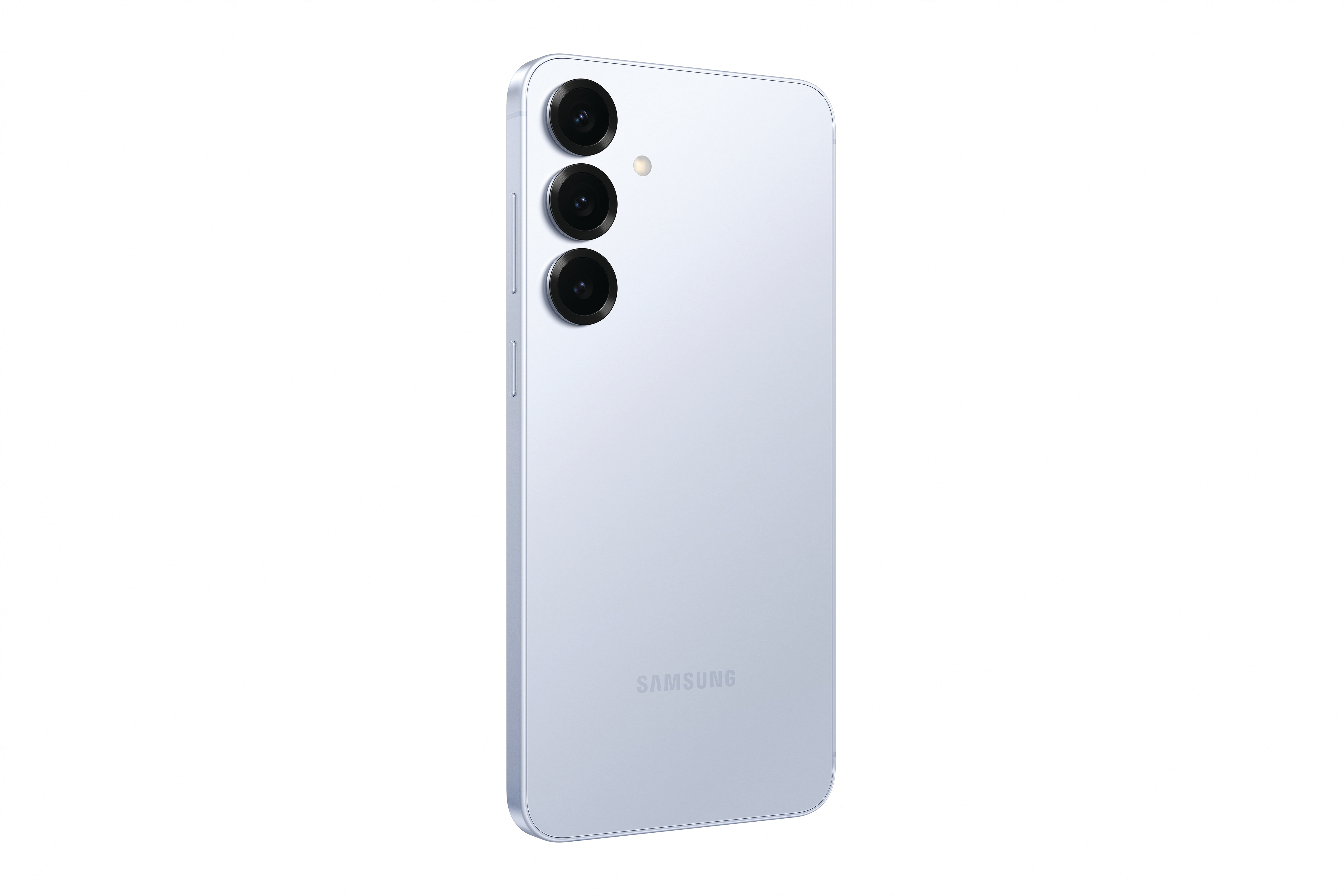 Blaue Telefonrückseite mit drei Kameras, weißer Hintergrund.