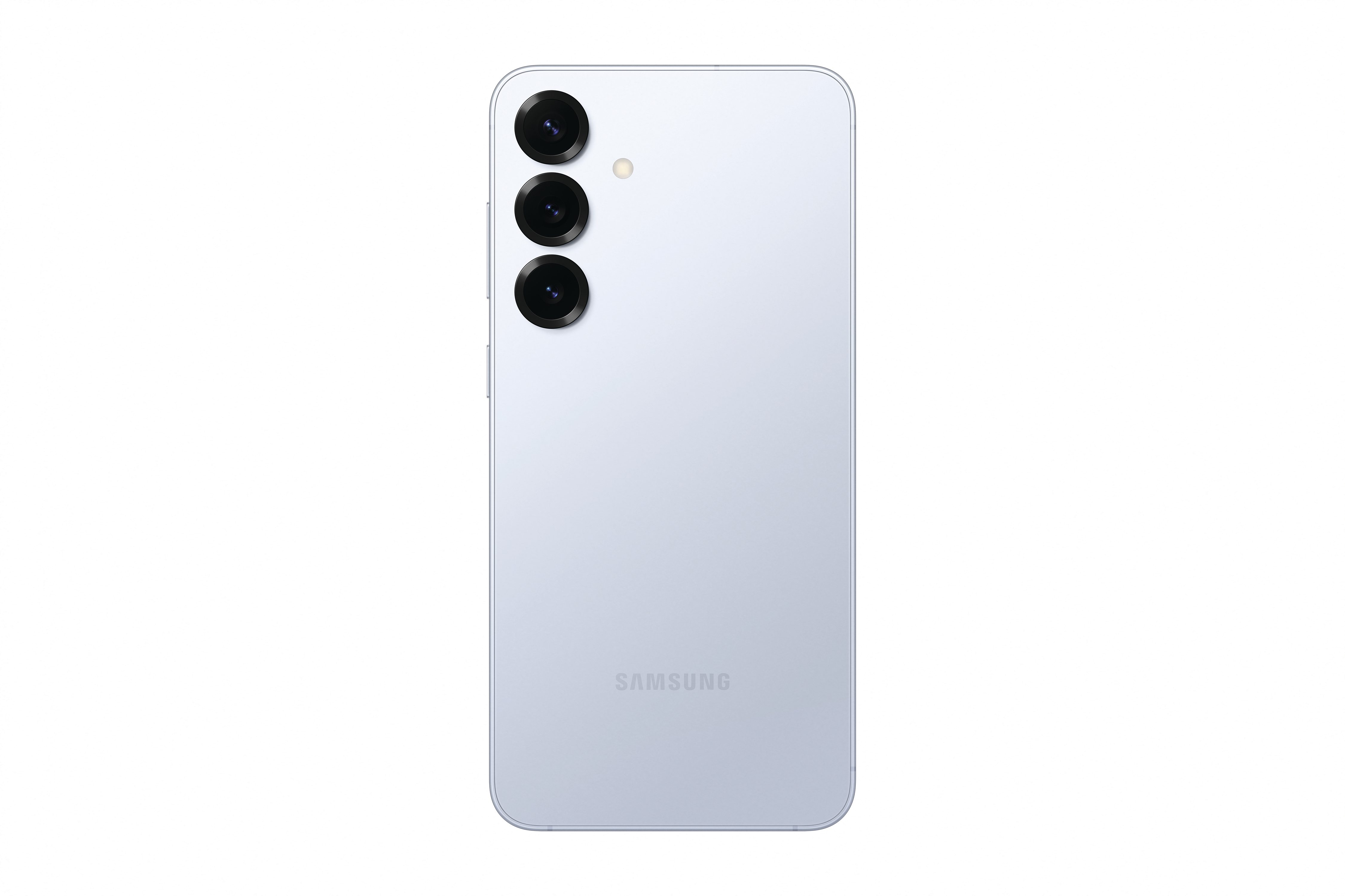 Rückseite eines hellblauen Telefons mit drei Kameras und dem Wort Samsung.