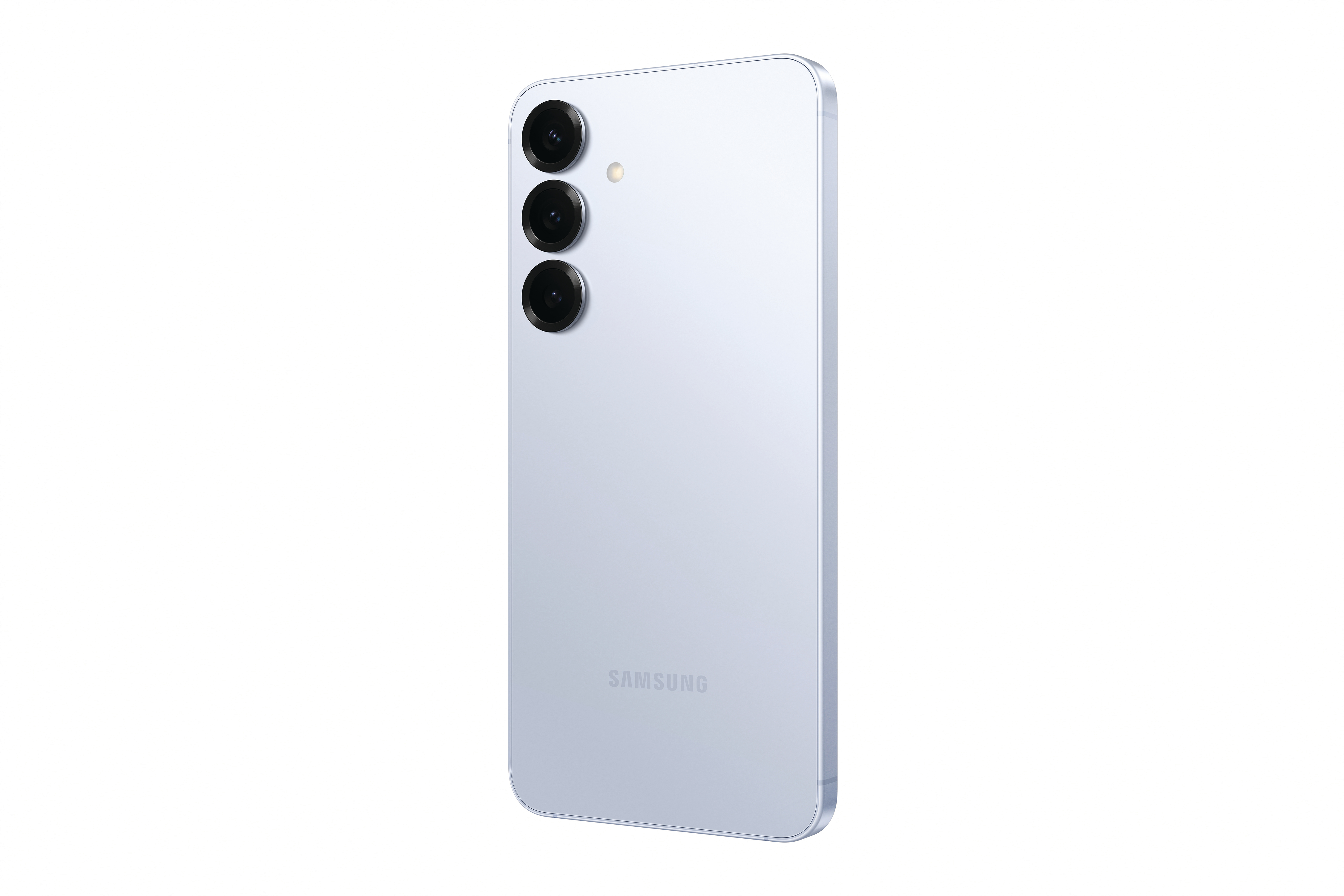 Die Rückseite eines hellblauen Telefons mit drei Kameralinsen und einem Samsung-Logo.