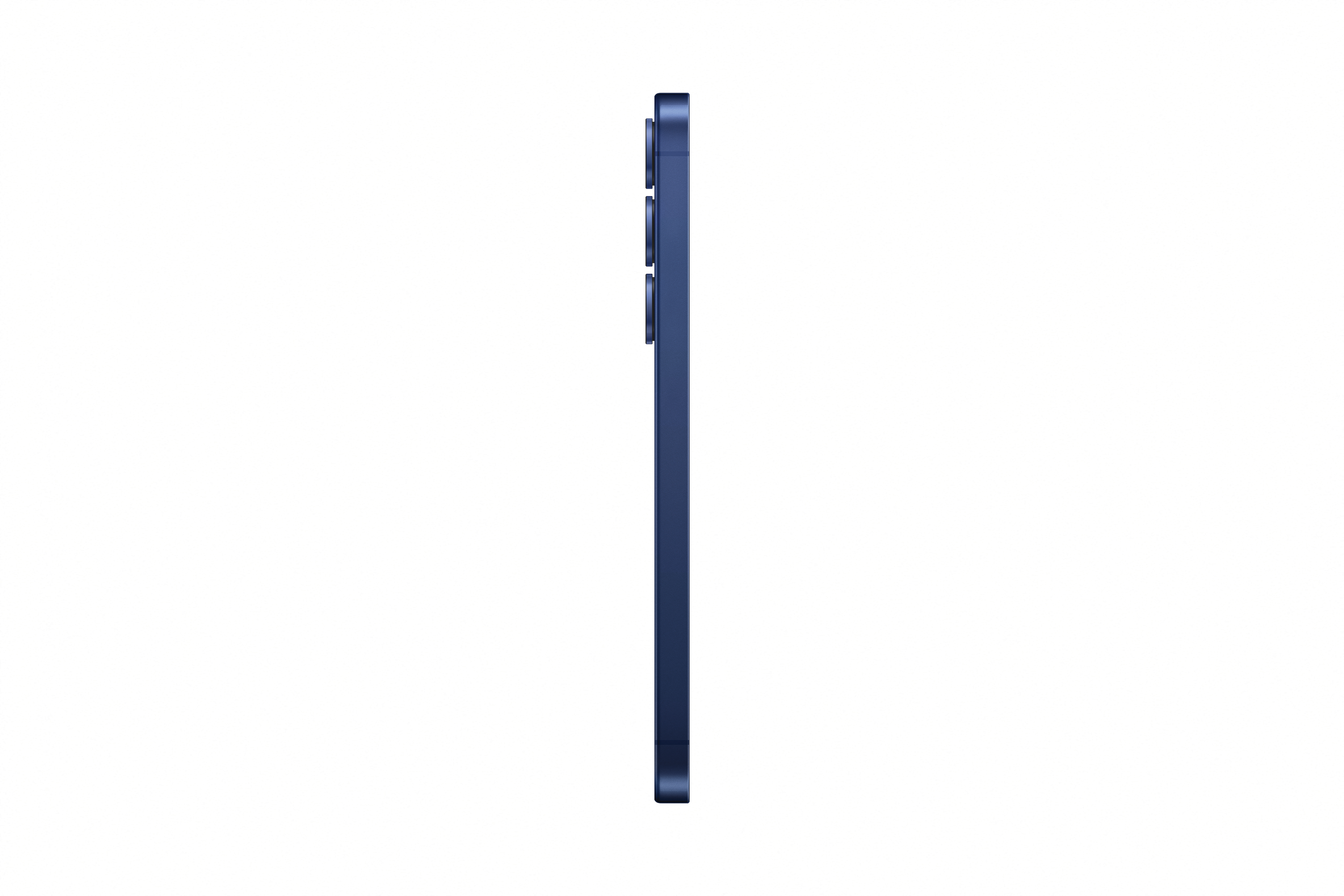 Blaue Telefon-Seitenansicht. Drei Kameras. Weißer Hintergrund.