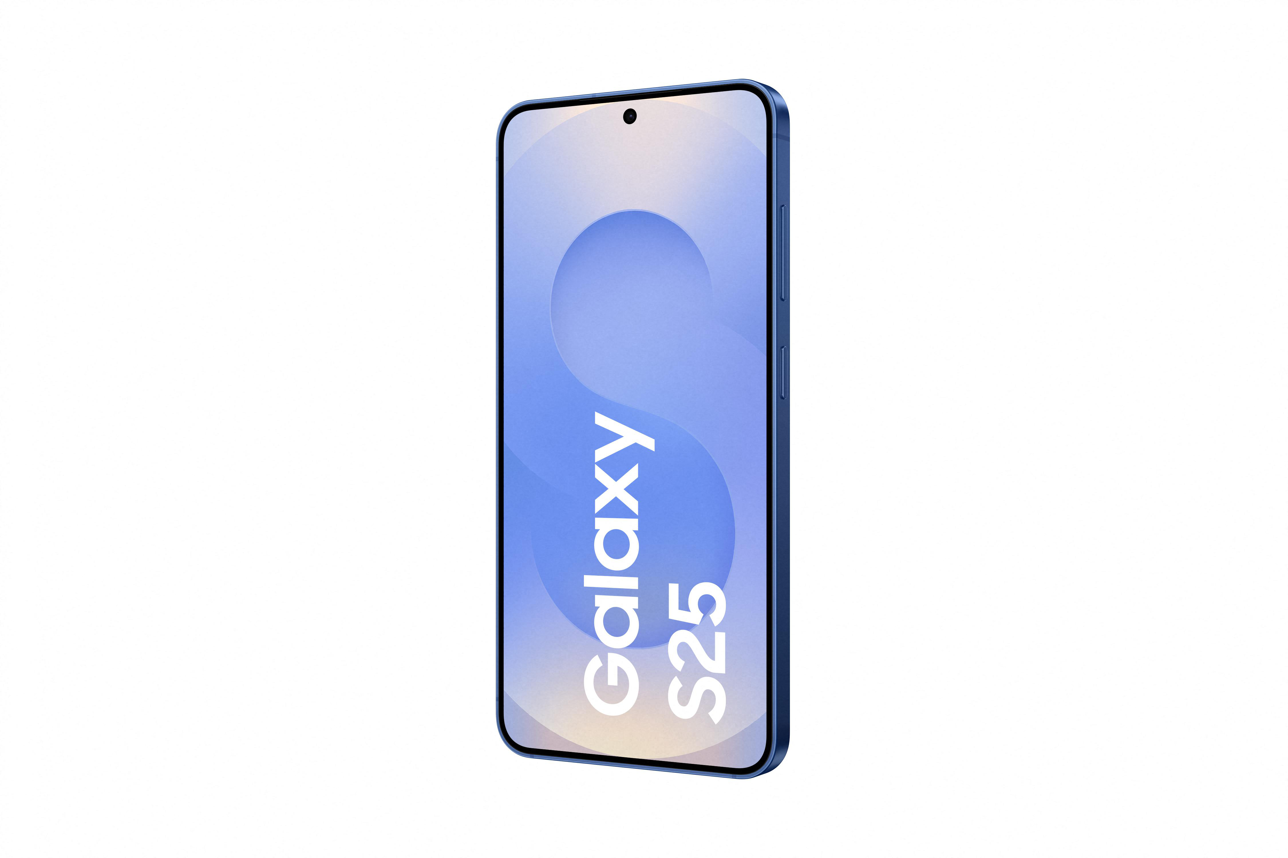 Blaues Smartphone, Seitenansicht. Der Bildschirm zeigt 'Galaxy S25'. Der Rahmen ist blau.