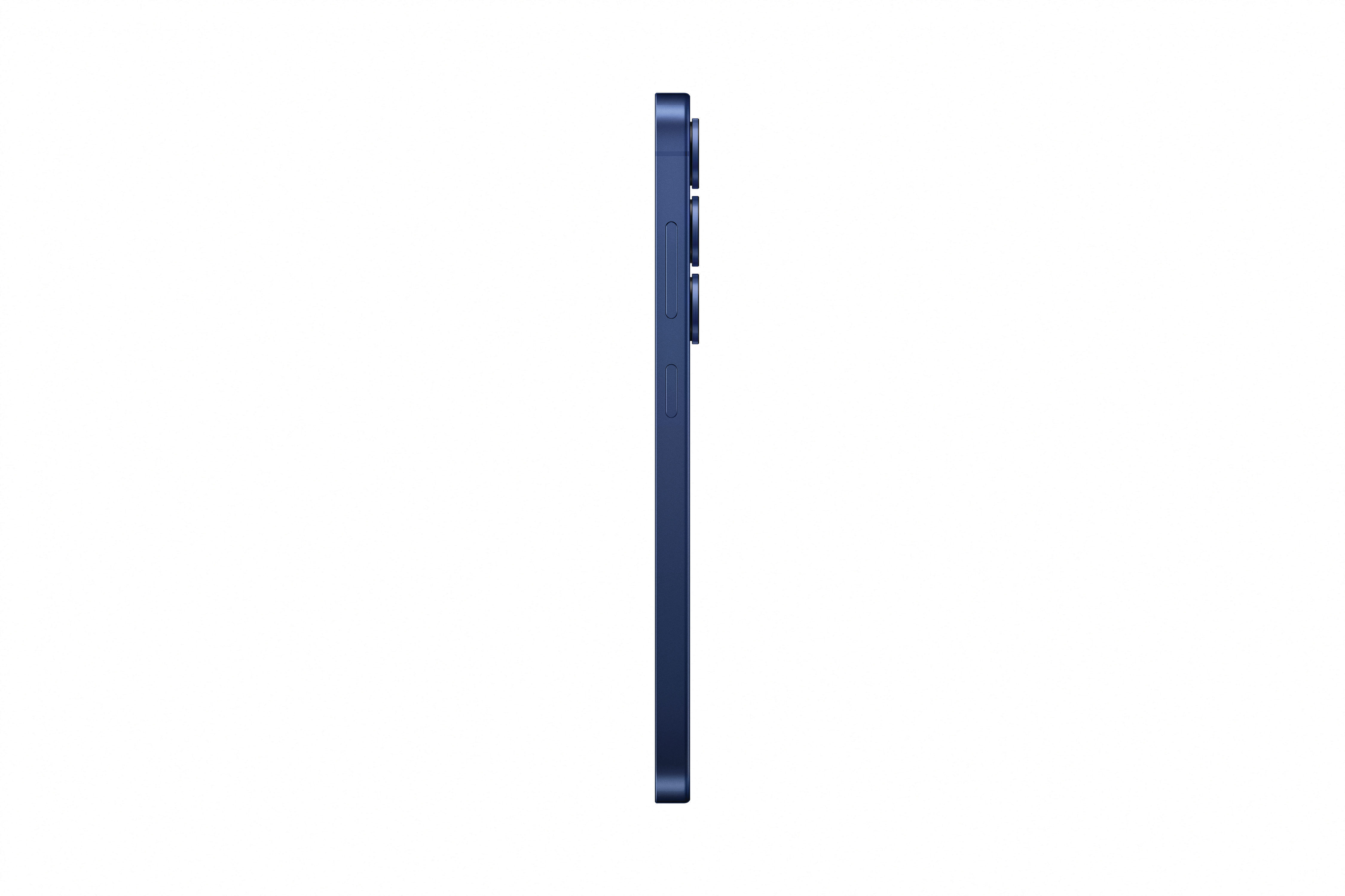 Die Seitenansicht eines blauen Smartphones mit Tasten.