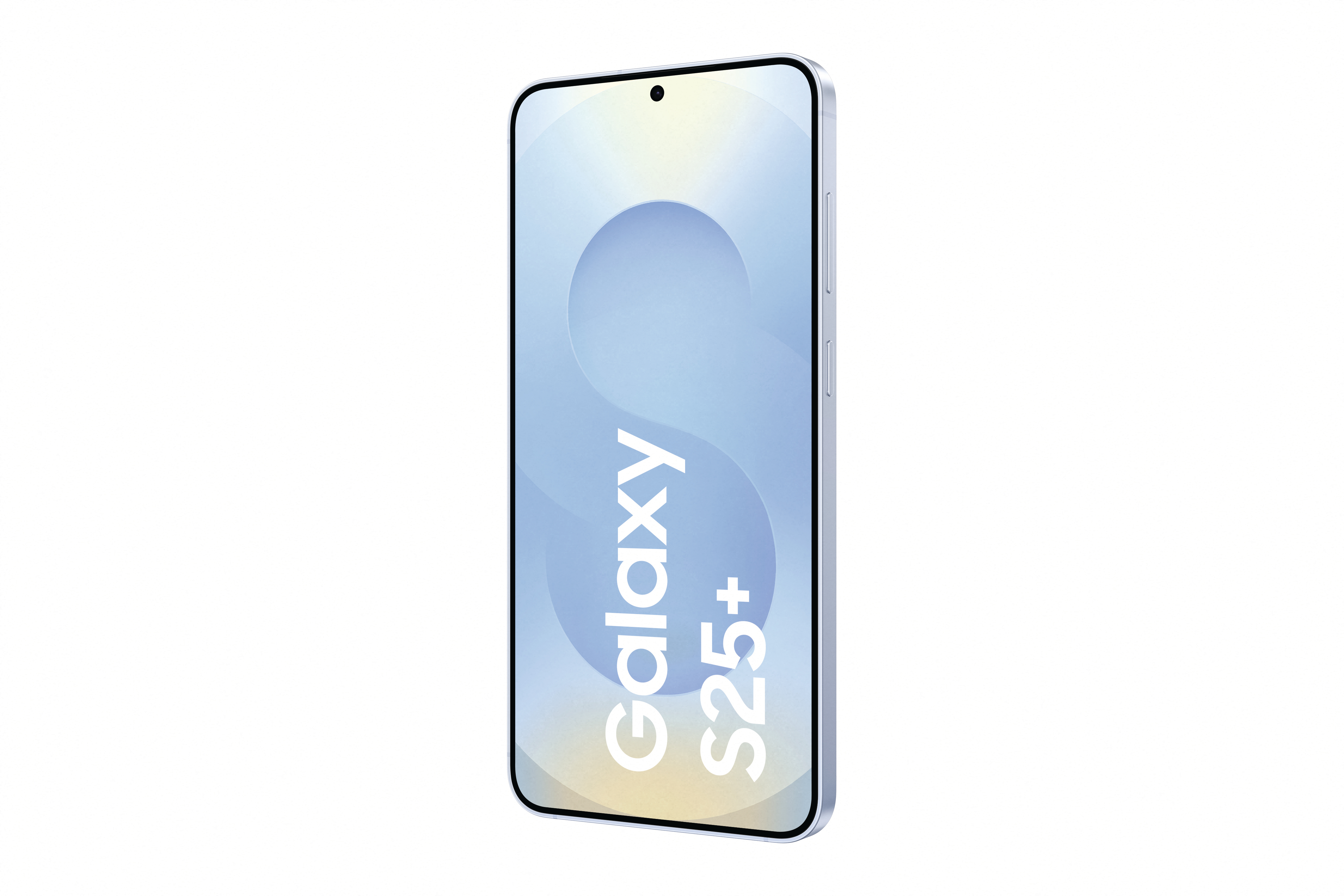 Ein Smartphone mit blauem Bildschirm und dem Text 'Galaxy S25+' auf weißem Hintergrund.