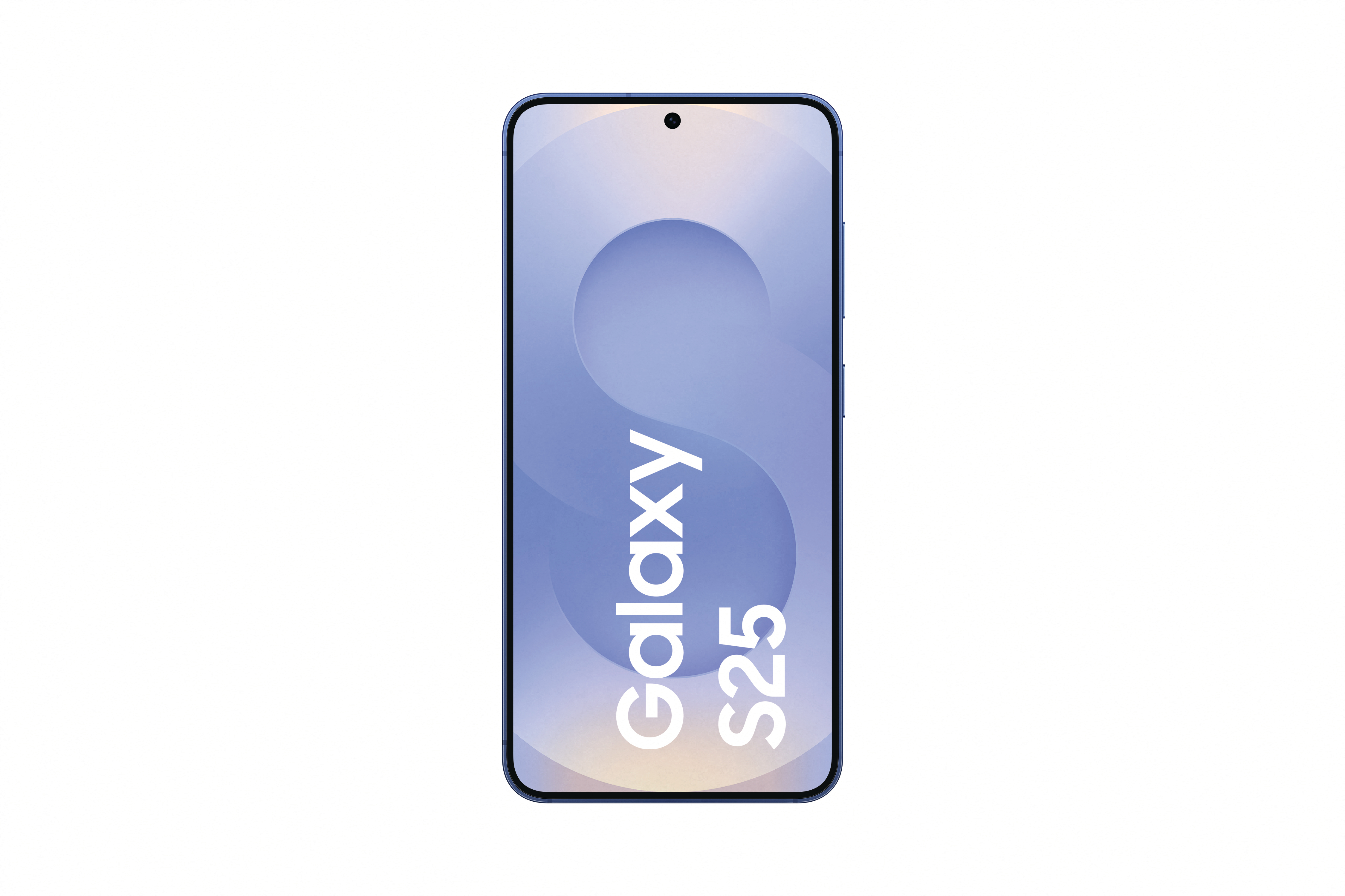 Blaues Samsung Galaxy S25 Telefon. S25 Text auf dem Bildschirm. Frontansicht, blauer Hintergrund.