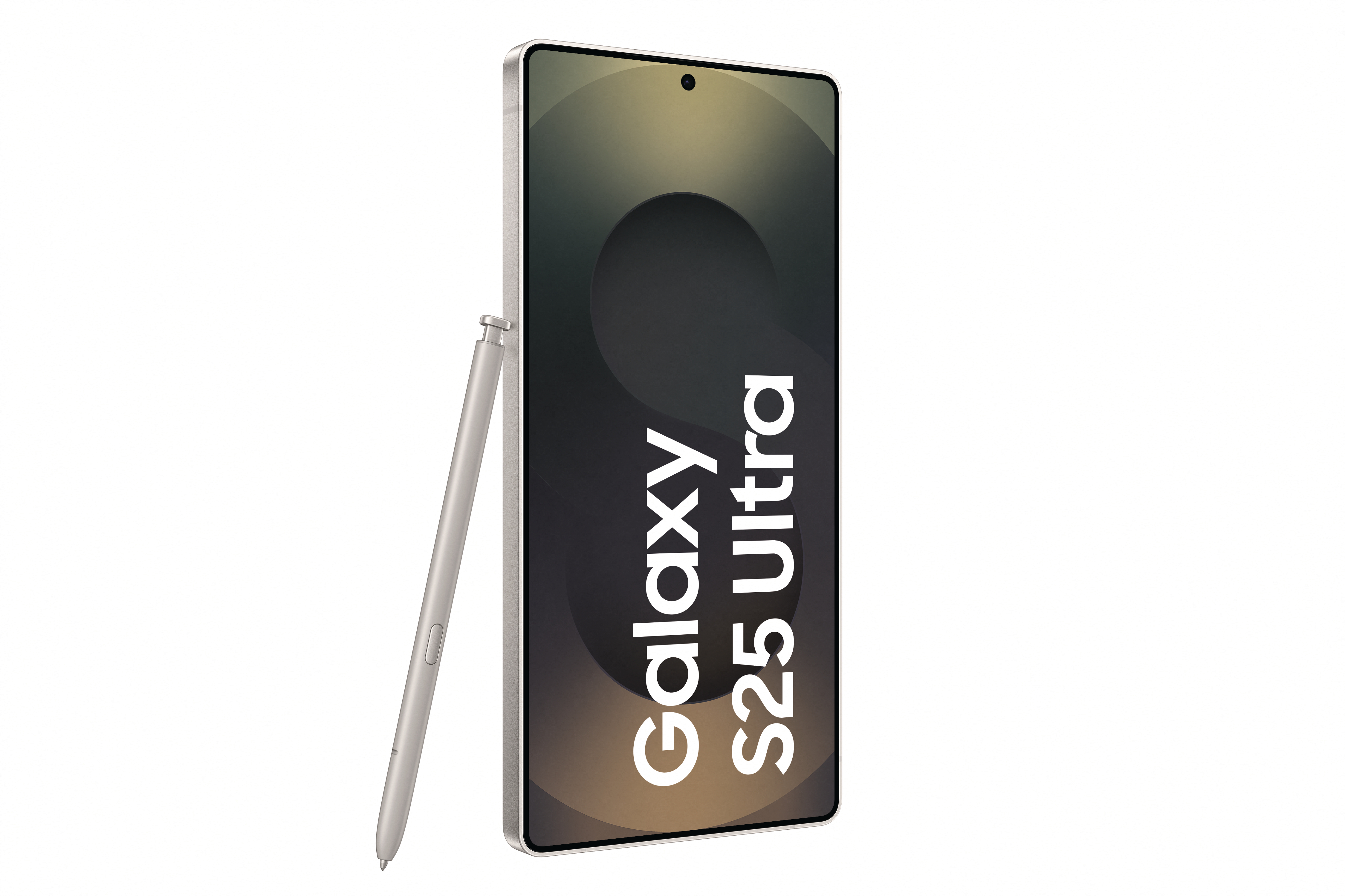 Weißes Smartphone mit 'Galaxy S25 Ultra' und Stift.
