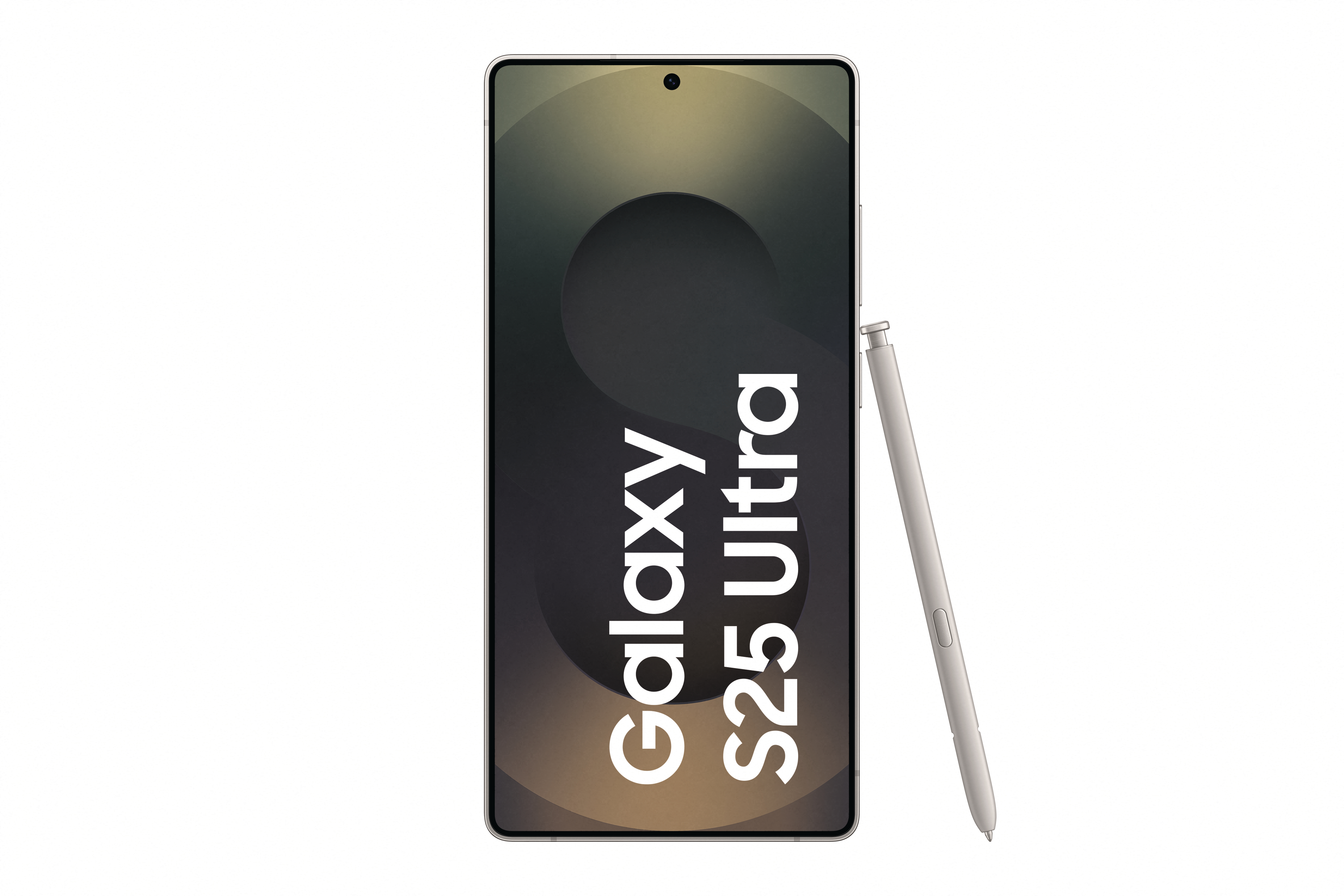 Ein Telefon mit 'Galaxy S25 Ultra' auf dem Bildschirm und ein silberner Stift daneben.