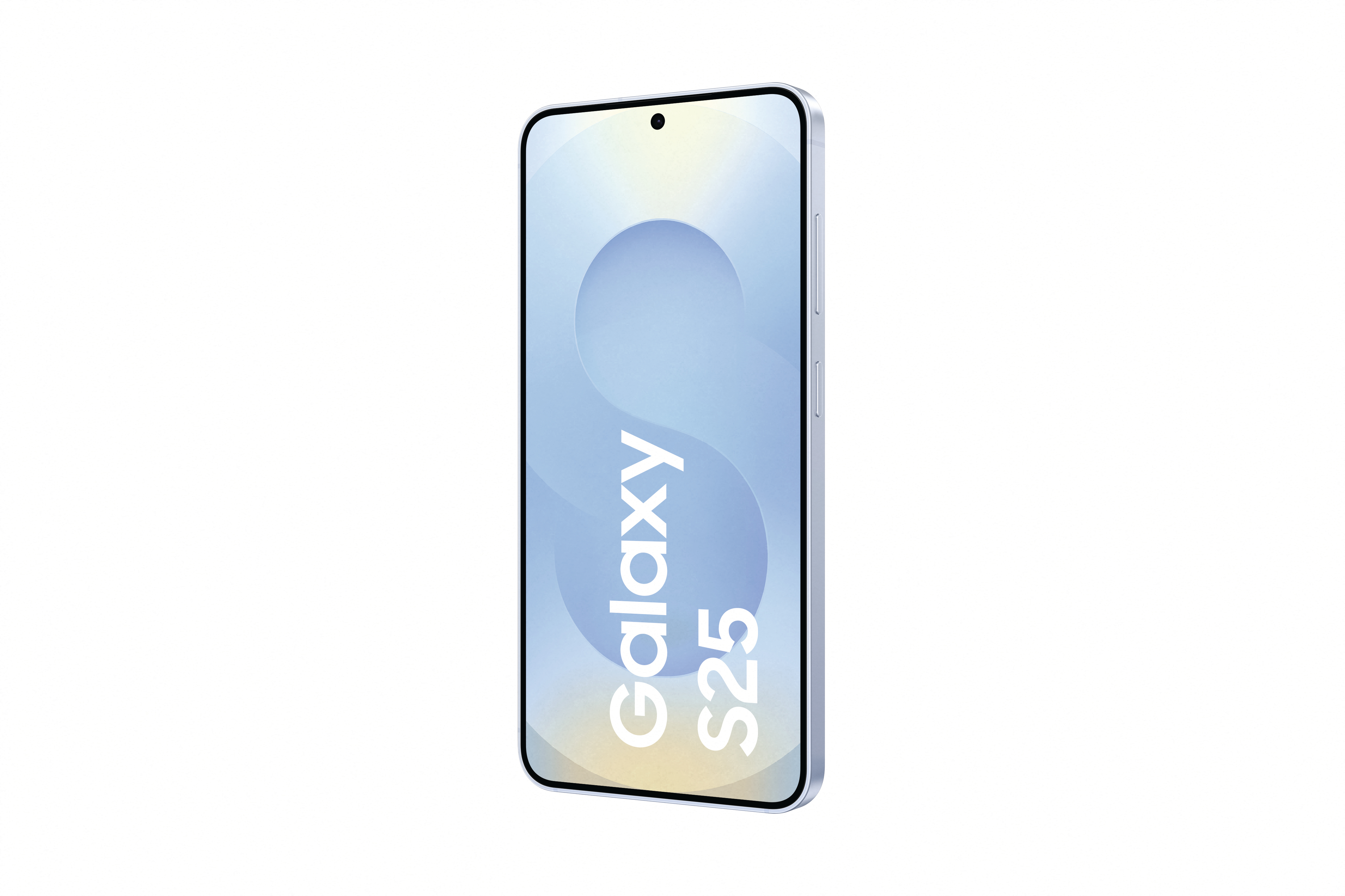 Ein hellblaues Samsung Galaxy S25 Smartphone auf weißem Hintergrund. Der Bildschirm zeigt den Namen.