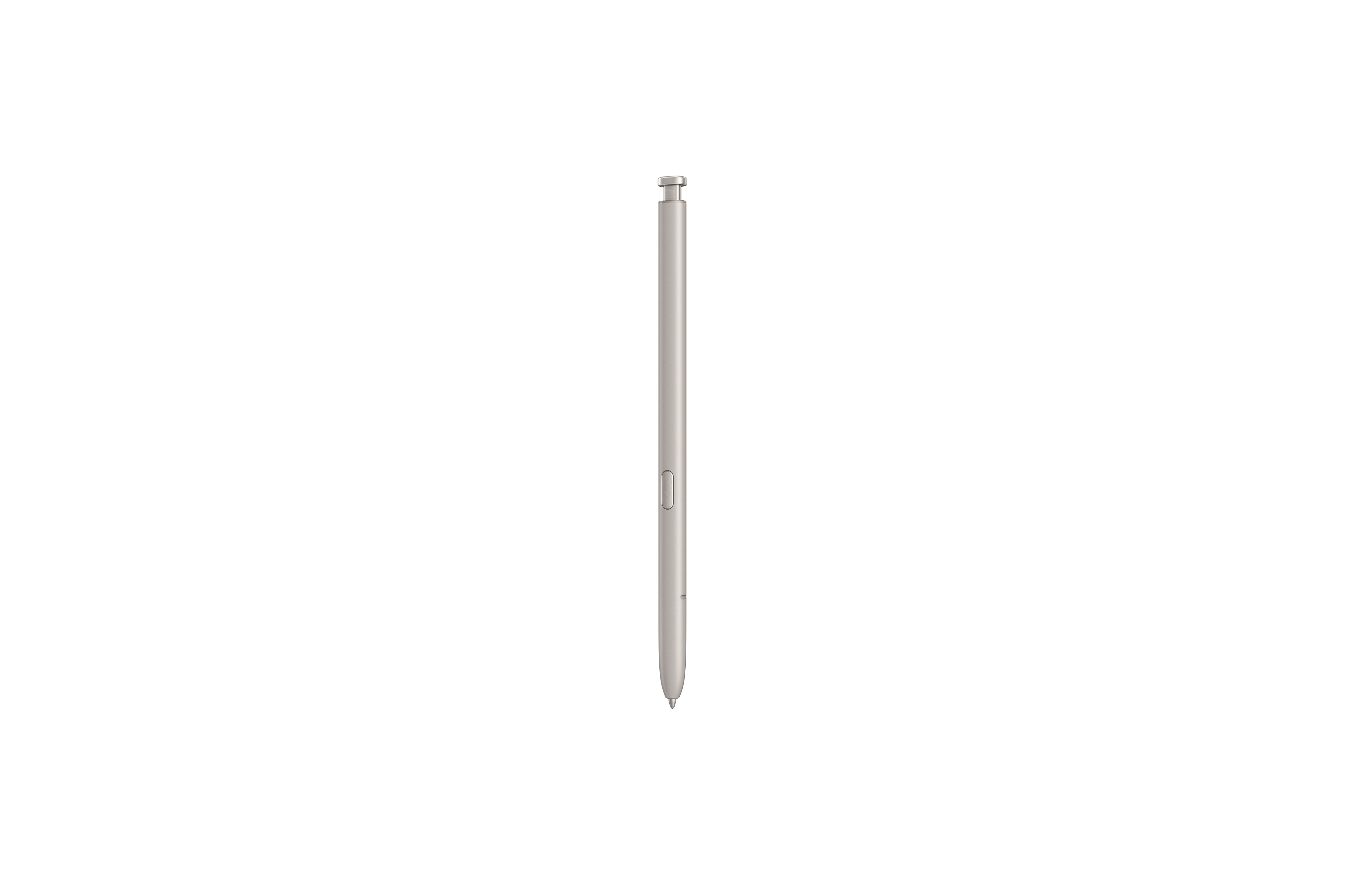 Ein silberner Stift, der vertikal vor einem weißen Hintergrund steht. Der Stift hat einen Knopf.