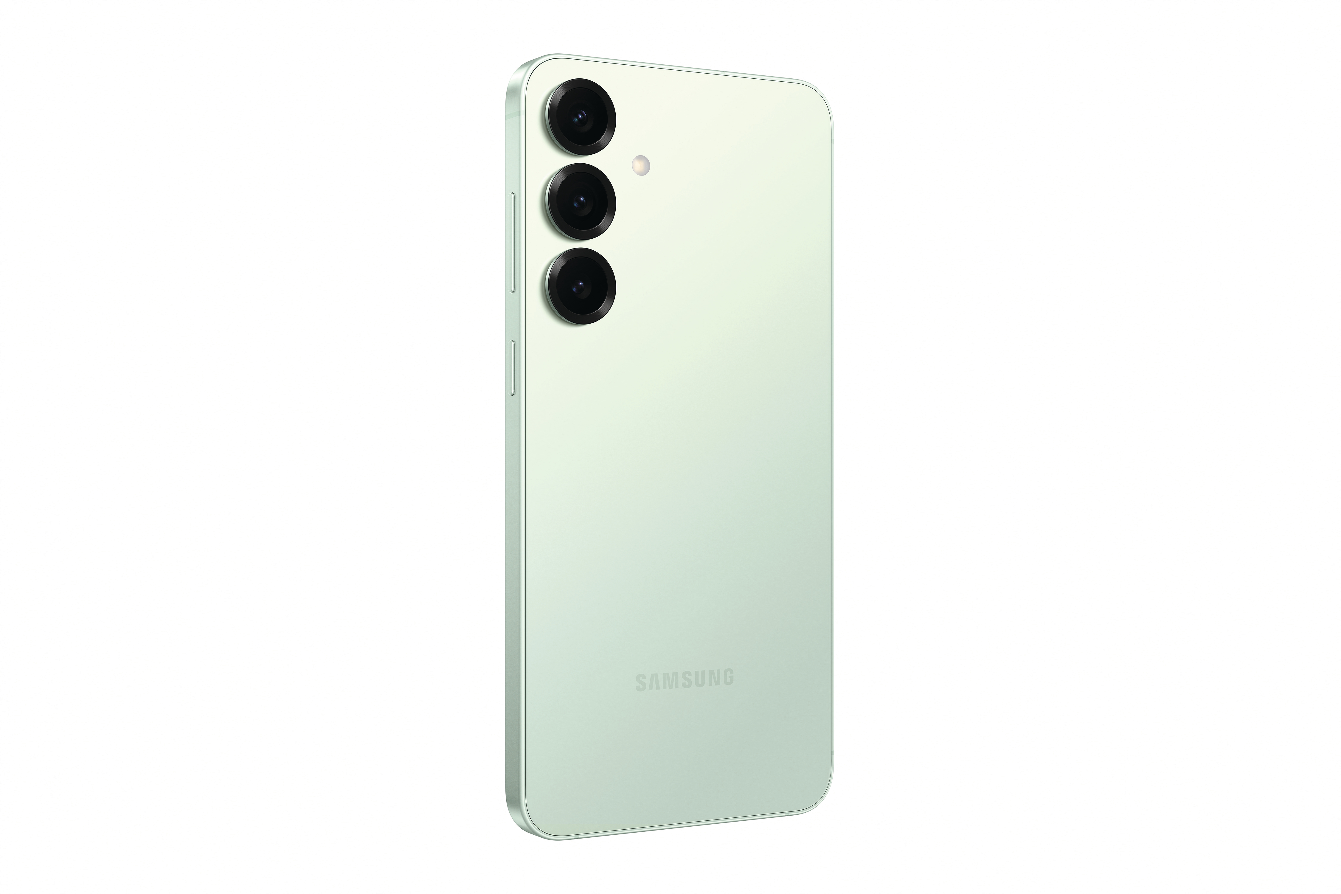 Mintgrünes Samsung-Handy, Dreifachkamera, Samsung-Logo, weißer Hintergrund.