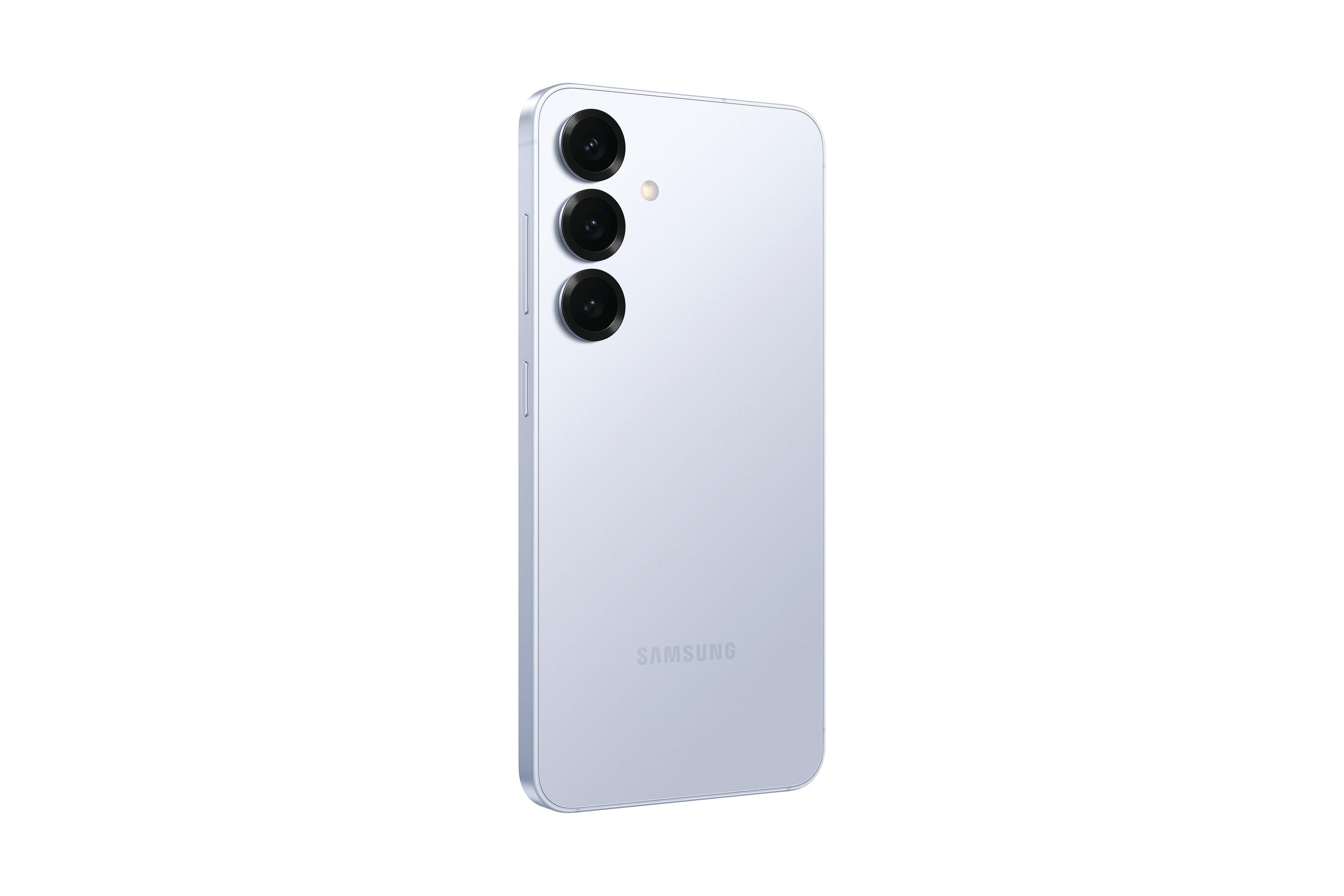 Hellblaues Telefon mit drei Kameras. Samsung-Logo sichtbar. Weißer Hintergrund.